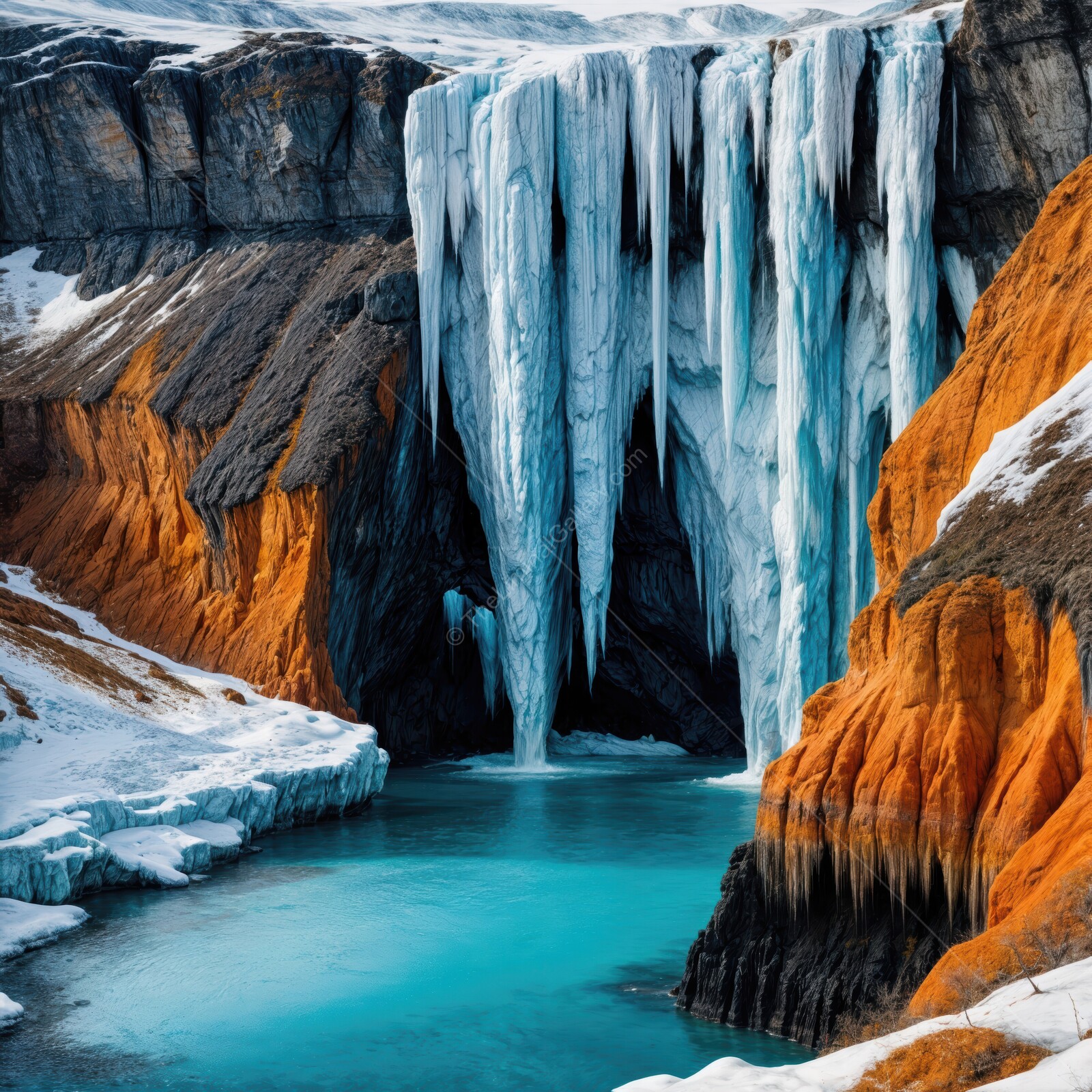 Icy waterfalls cascade into turquoise waters surrounded by vibrant orange cliffs in a stunning winter landscape