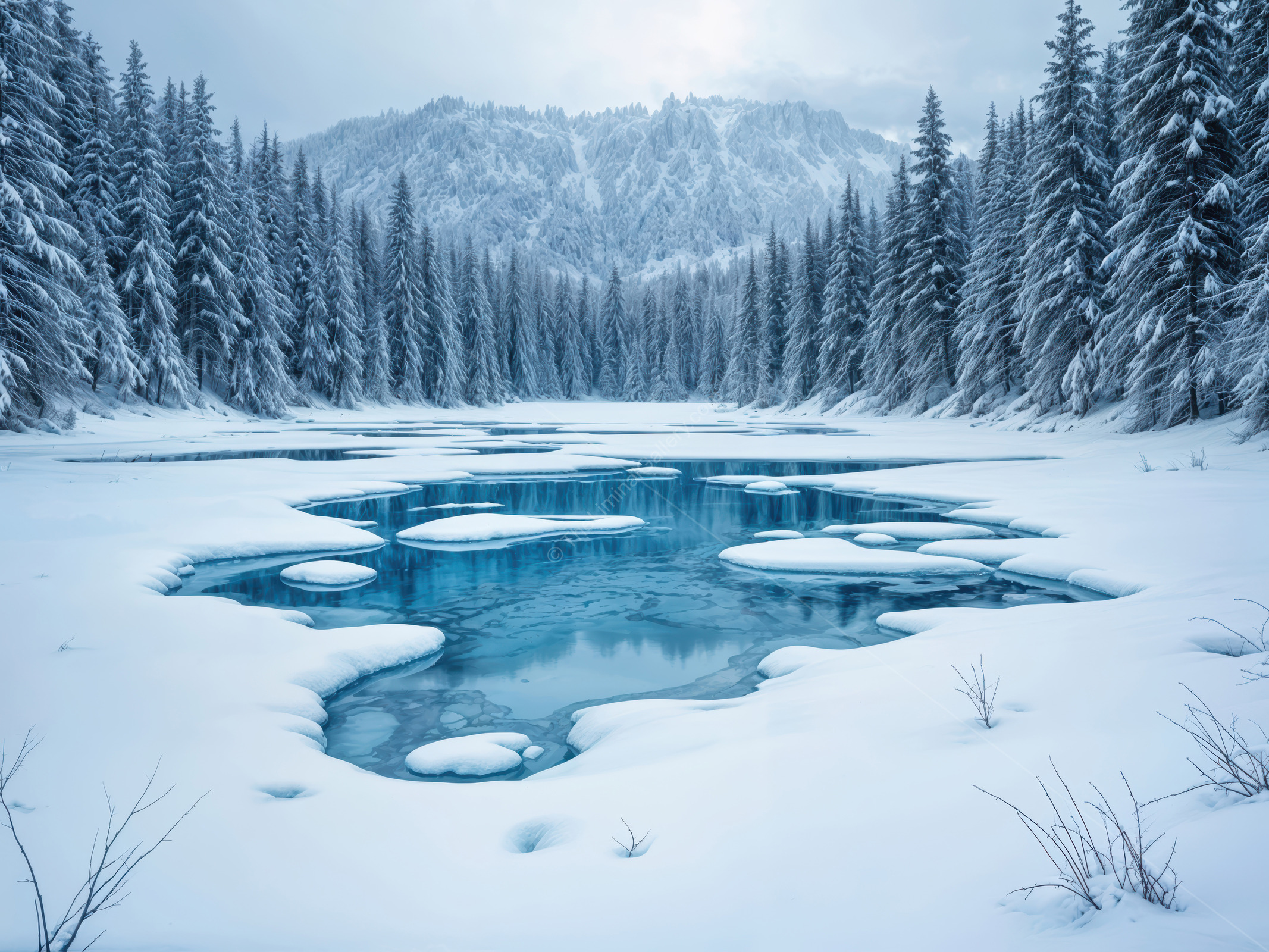 Winter landscape reveals hidden beauty of a frozen lake surrounded by tall evergreen trees
