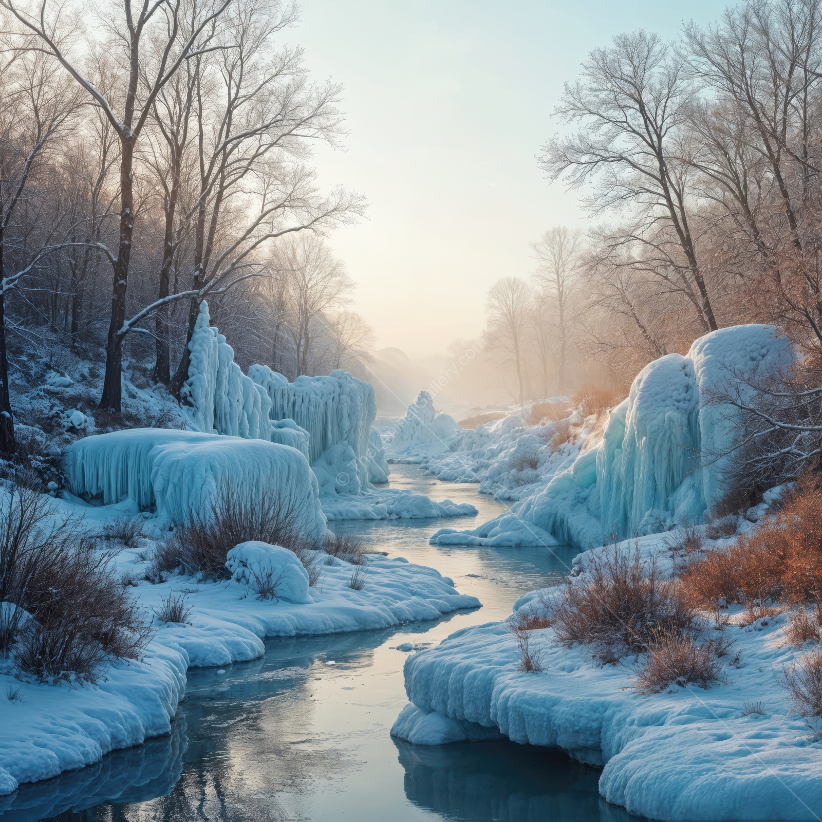 Frozen river landscape captures the tranquil beauty of nature in a liminal winter world at dawn