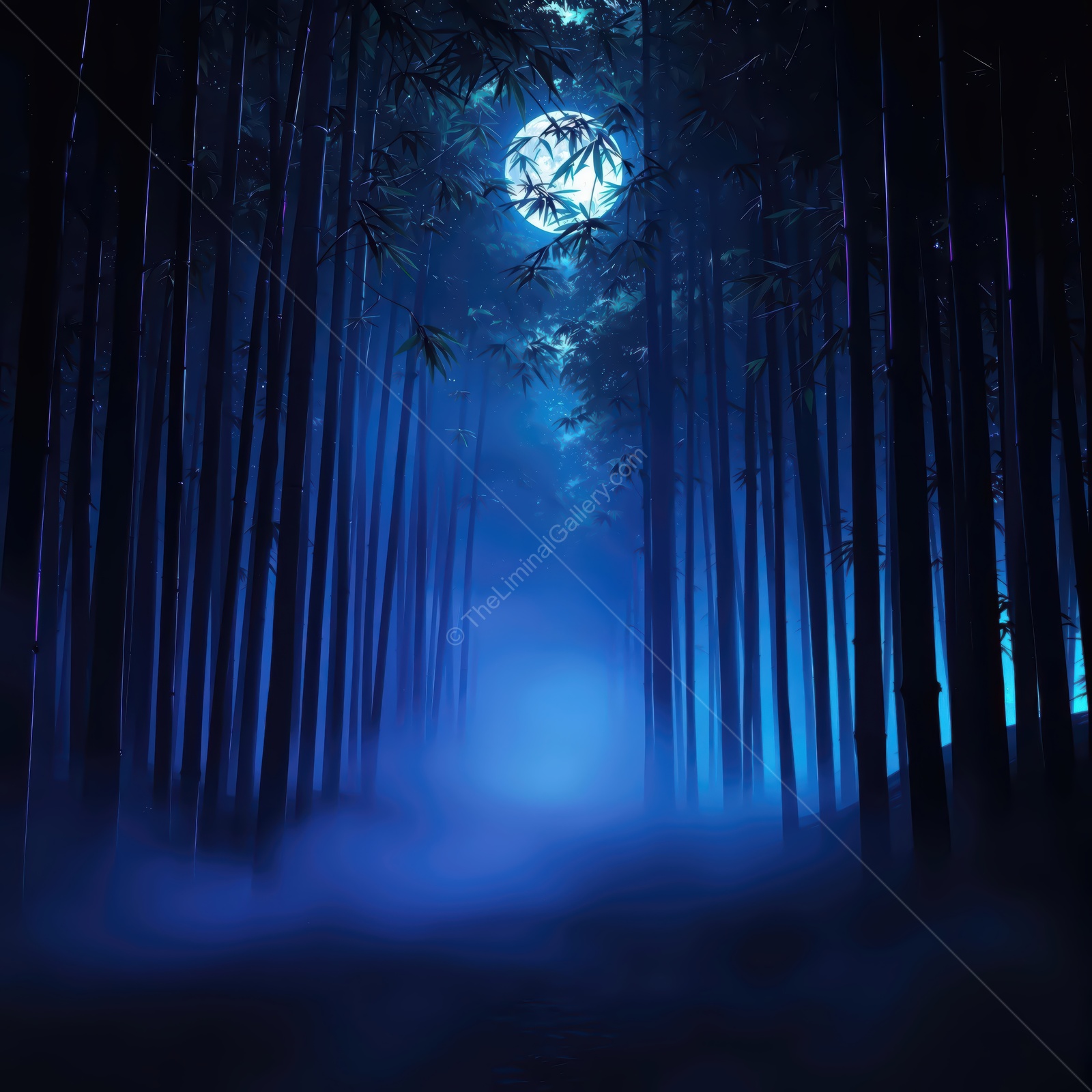 Mysterious bamboo forest under a glowing full moon at twilight creating an enchanting liminal atmosphere