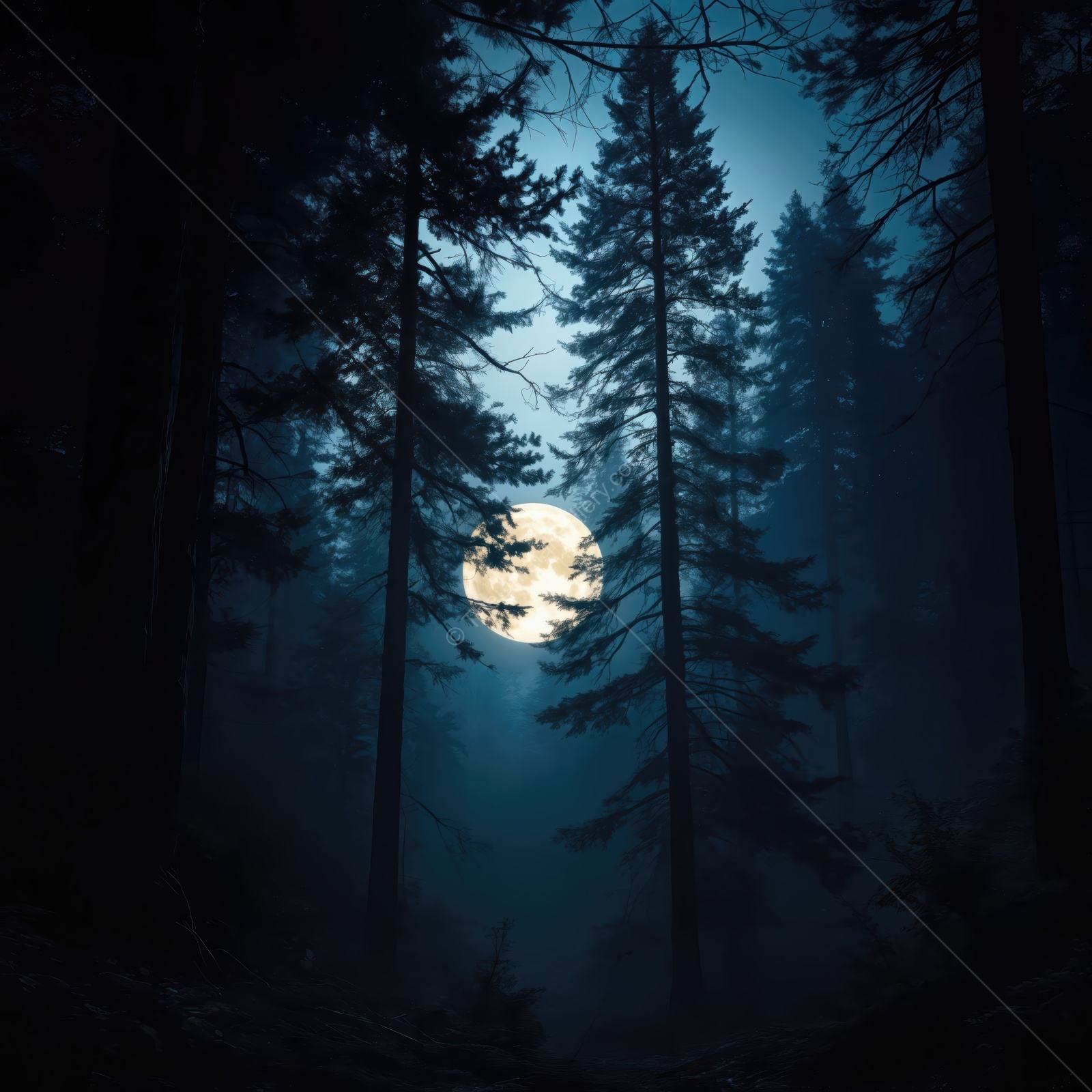 Liminal moments in a moonlit forest under the serene night sky with towering trees and a glowing full moon