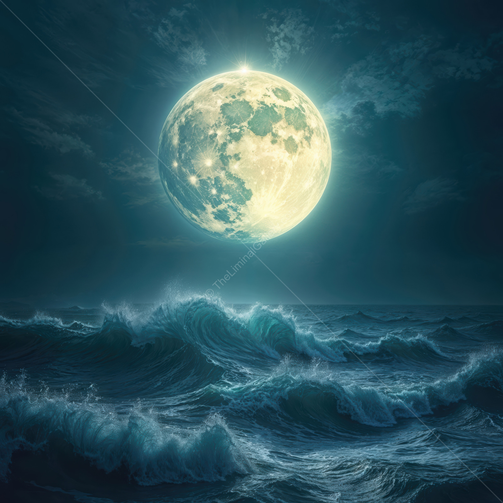 Discovering the mystique of a luminous full moon over turbulent ocean waves at night