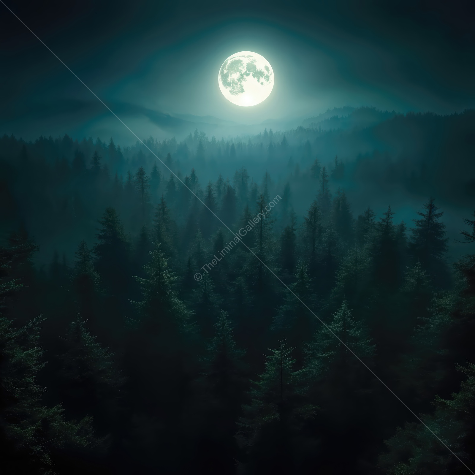 Mystical moonlight bathes the forest in ethereal glow and dreamy shadows at midnight hour