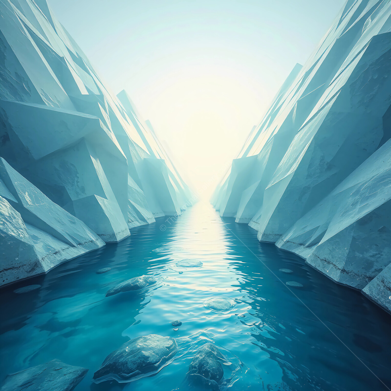 Glacial passage at dawn reveals icy formations and calm blue waters in a tranquil atmosphere