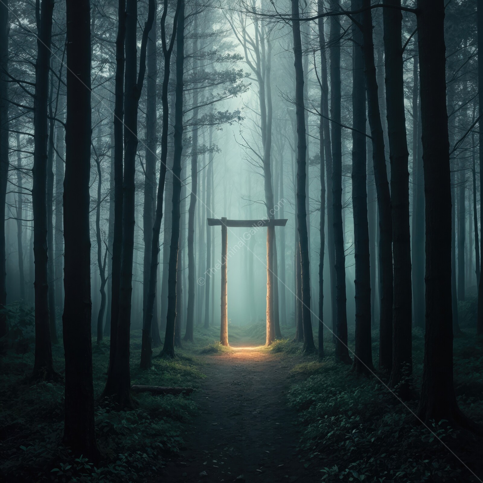 Mysterious glowing entrance beckons through fog-shrouded forest at dawn