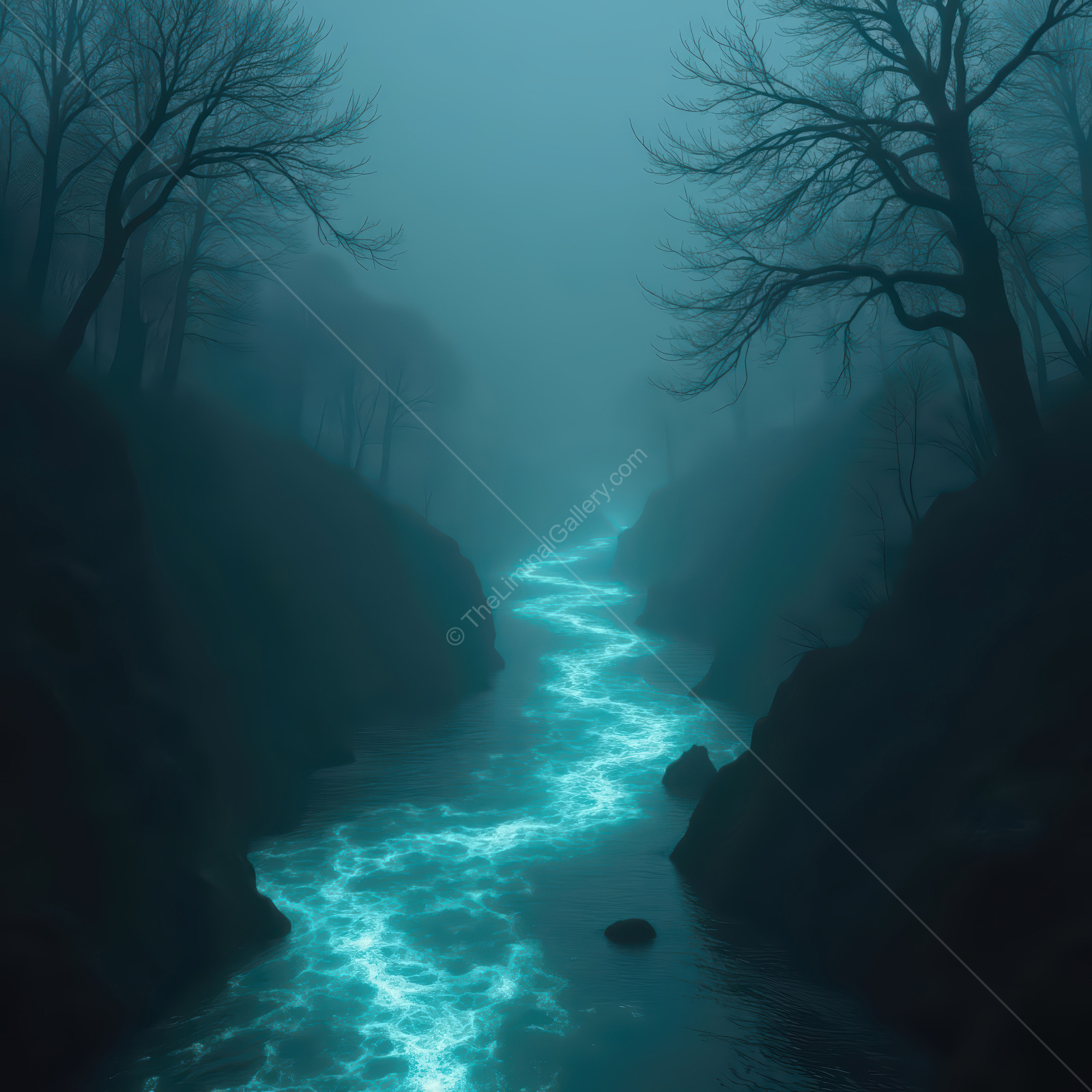A mystical river glows under the foggy atmosphere, revealing nature's hidden beauty at twilight