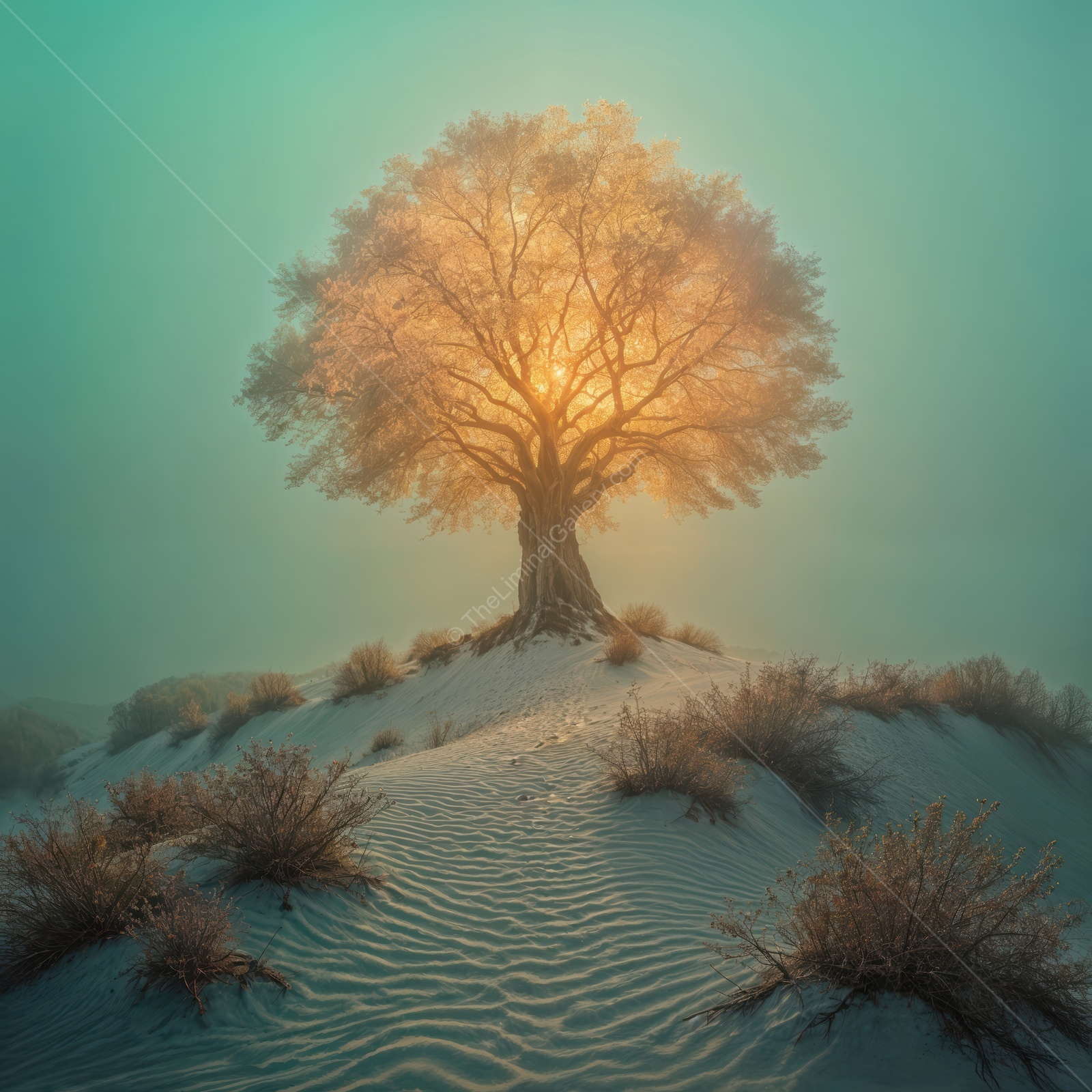 Luminous tree emerges from twilight sand dunes, revealing an ethereal landscape at dawn