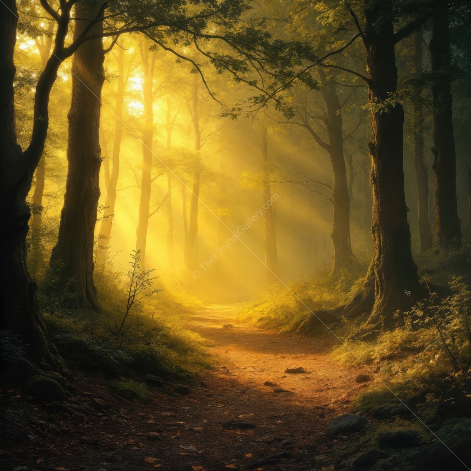 Warm golden light spills through a tranquil forest path at dawn, inviting exploration into nature's serene embrace