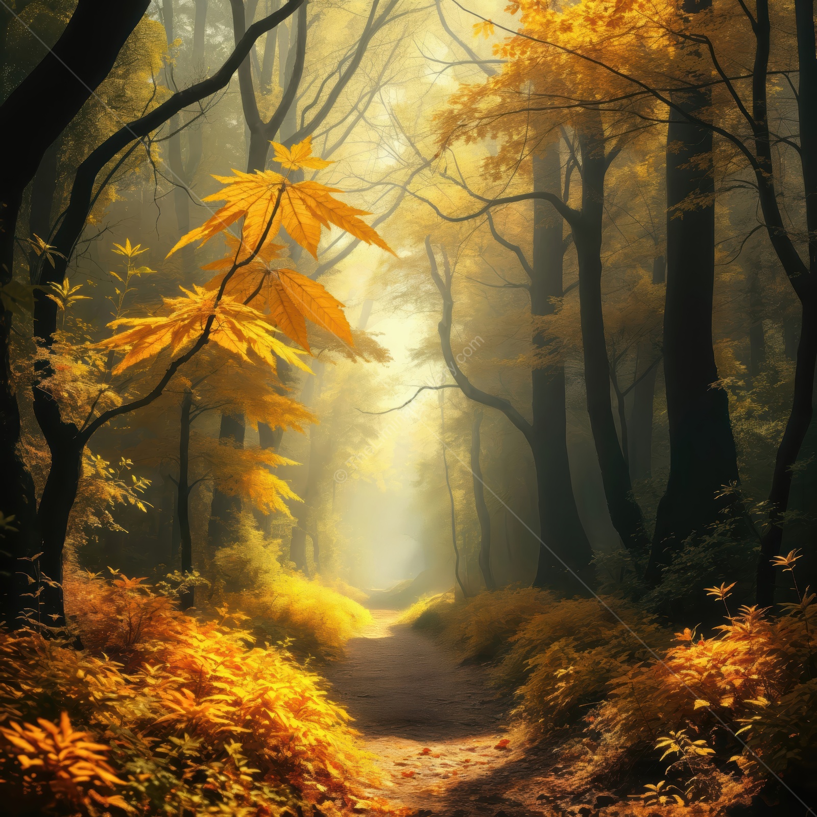 Golden leaves and ethereal light create a magical atmosphere in a tranquil forest path during autumn