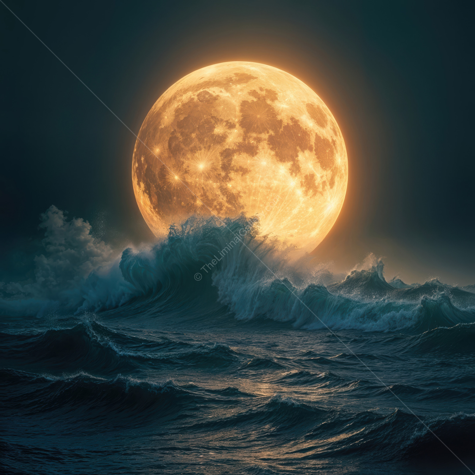Moonlit waves crash beneath a glowing orb in the night sky, capturing a moment of nature's liminal charm and mystery