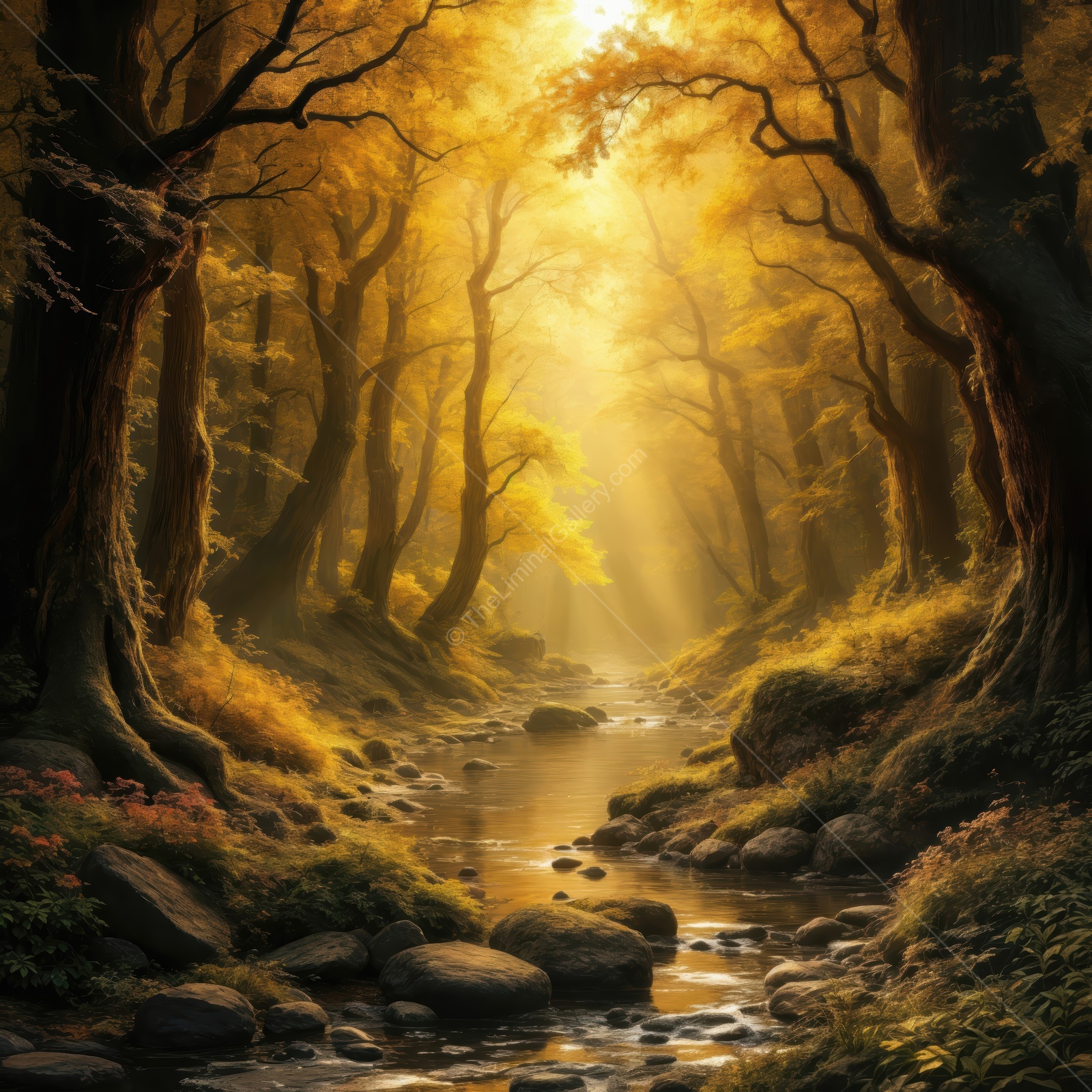 Golden light filters through ancient trees along a serene stream, creating a dreamlike nature atmosphere in a quiet forest setting
