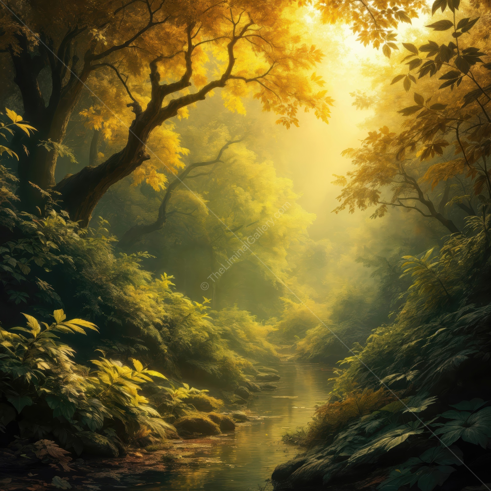 Enchanted forest illuminated by golden sunlight reveals a tranquil stream and lush foliage in an ethereal landscape at dawn