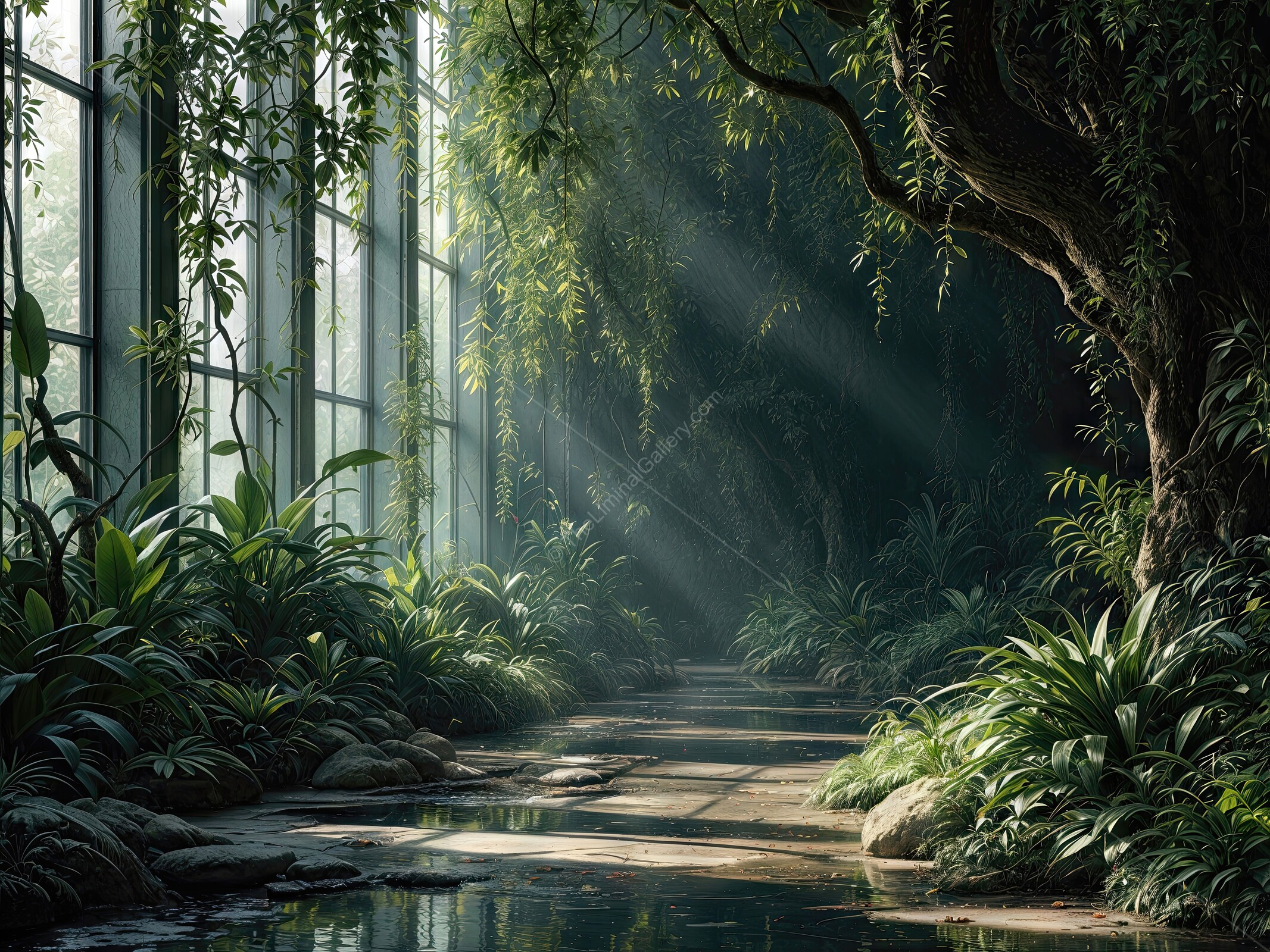 Exploring a tranquil liminal space filled with lush greenery and ethereal light