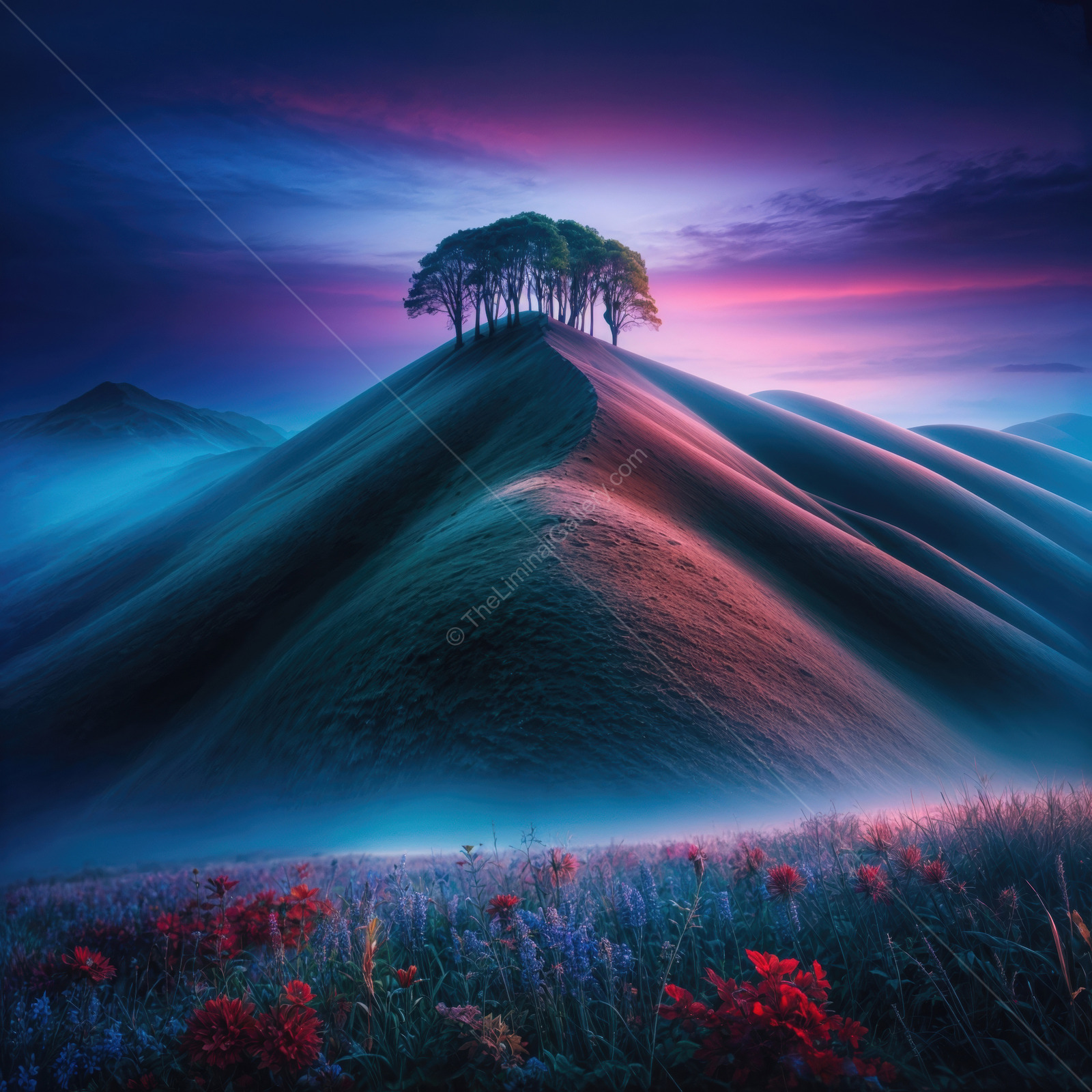 Mystical hillside at dusk with vibrant flowers and silhouetted trees creating a liminal atmosphere