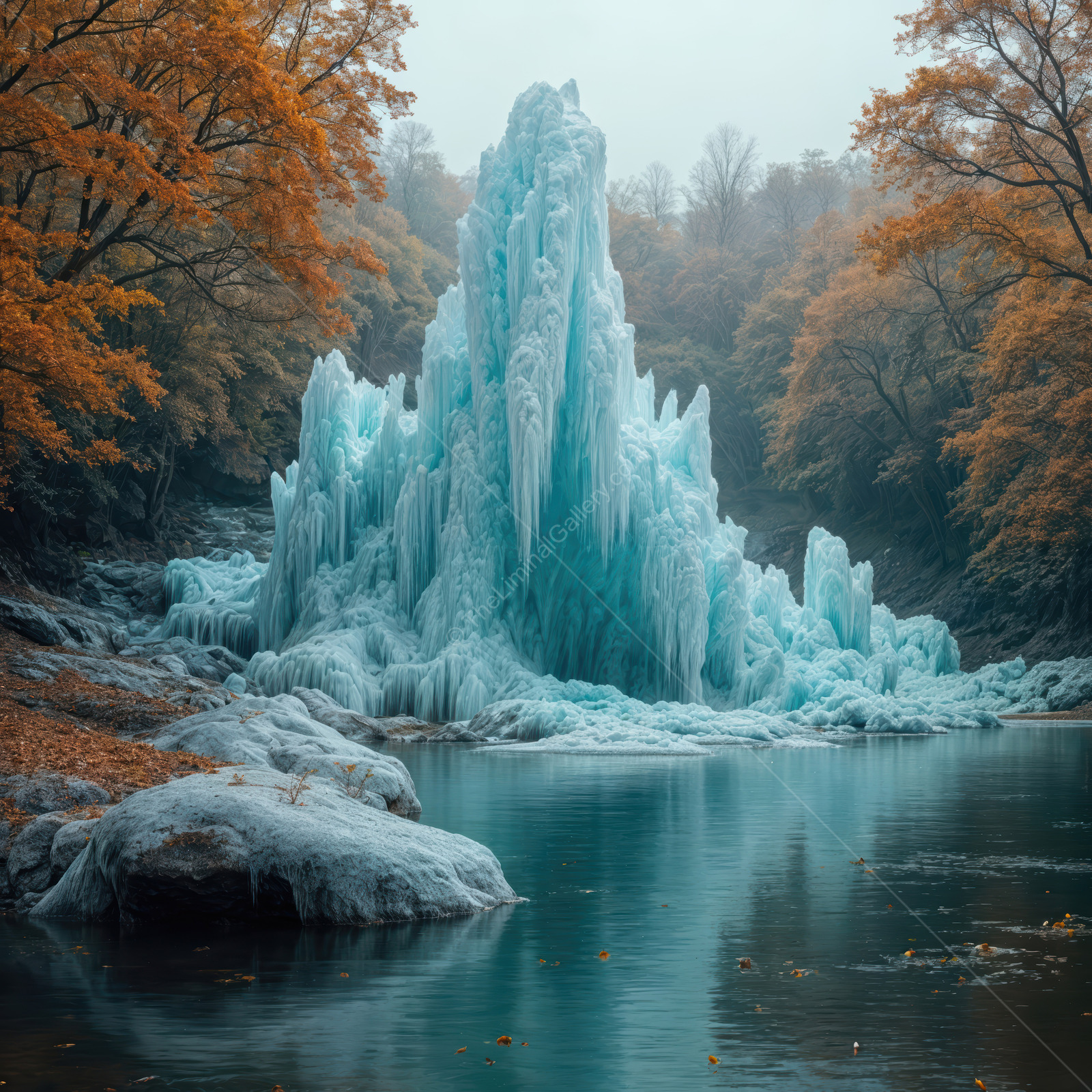 Frozen serenity envelops a mystical landscape with ice and autumn hues in a tranquil nature scene