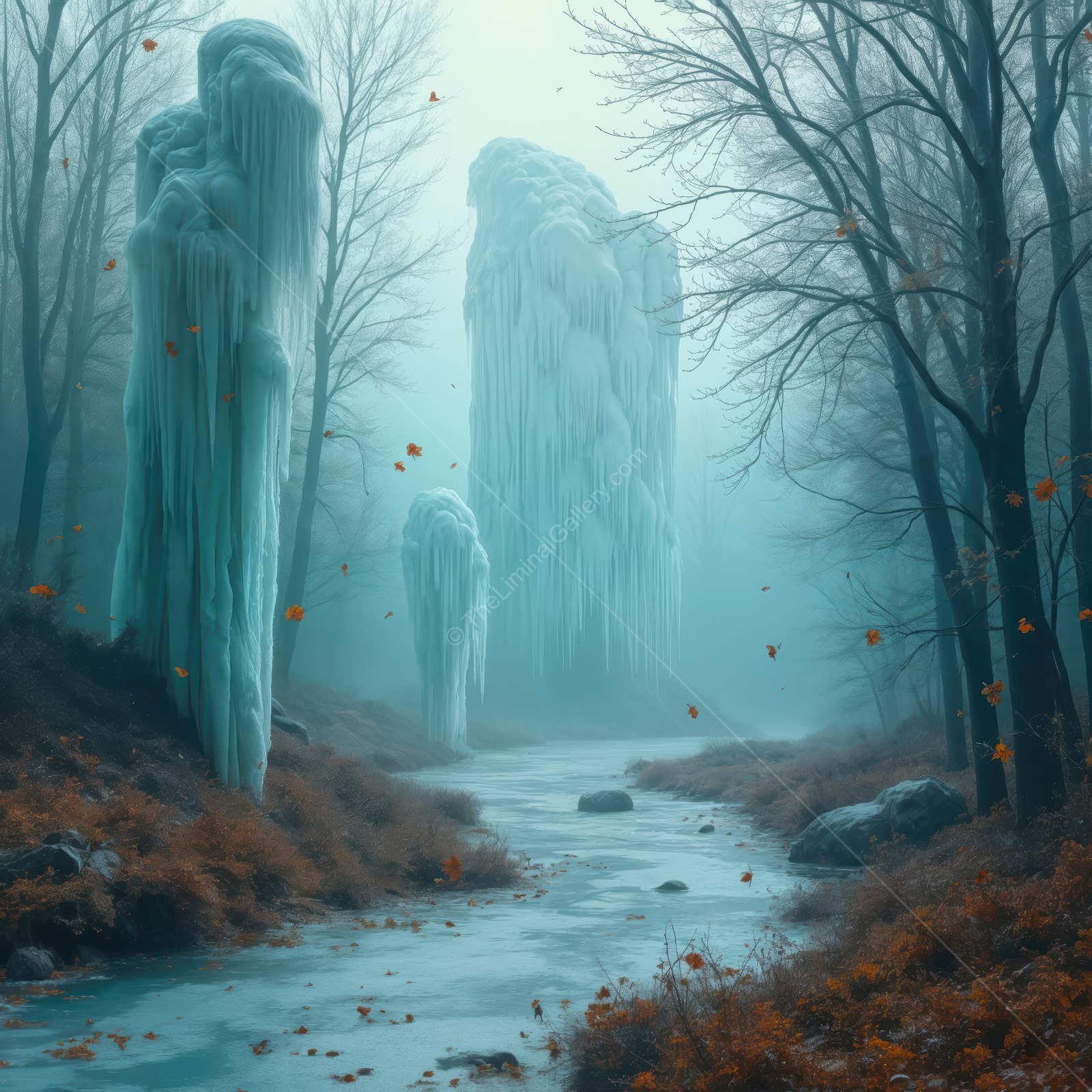 Mysterious frozen towers rise amid misty woods and a gentle stream in a surreal liminal landscape