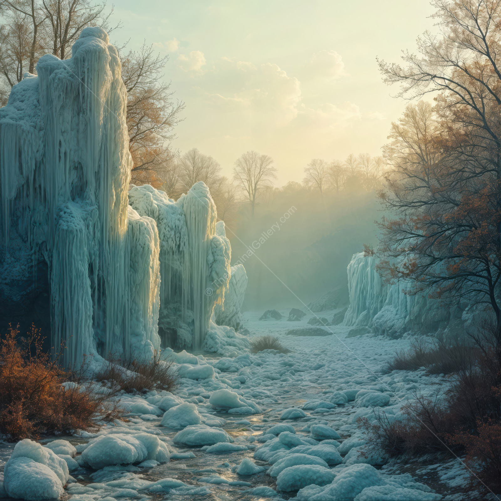 Liminal beauty of an icy river landscape at dawn with frozen trees and mist