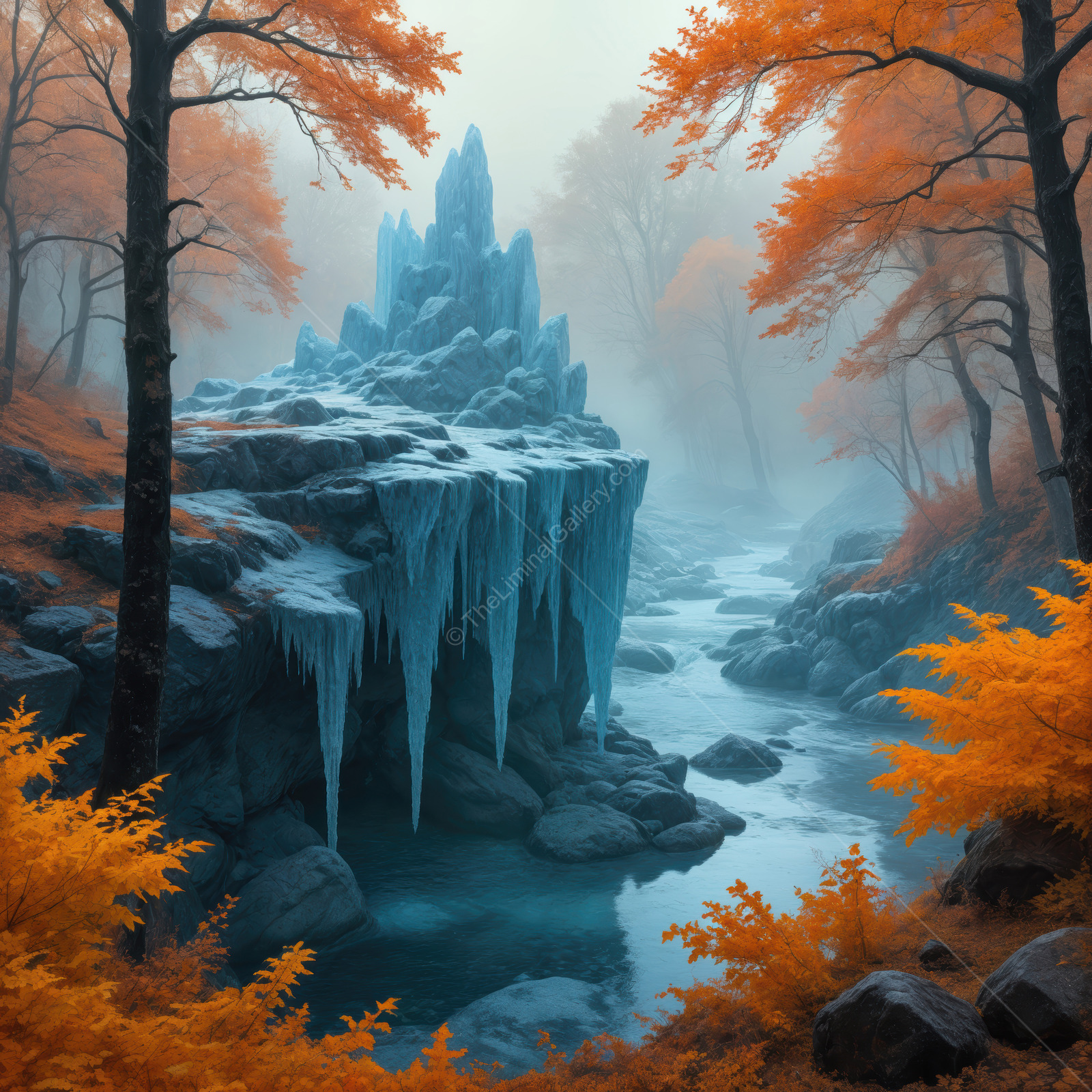 Mystical autumn landscape featuring icy formations and golden foliage in a serene river setting