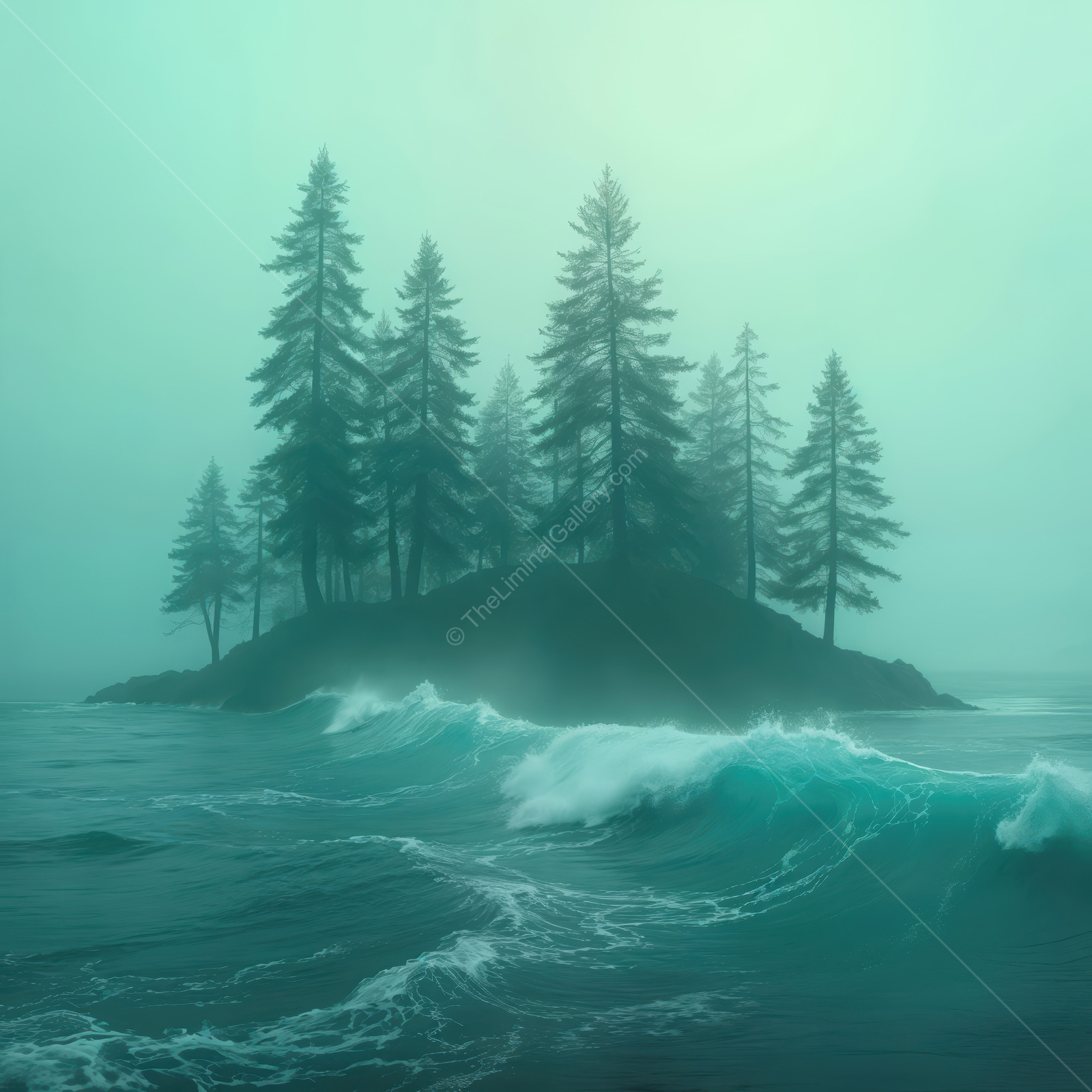 Mysterious island emerges from misty waters under the tranquil twilight sky