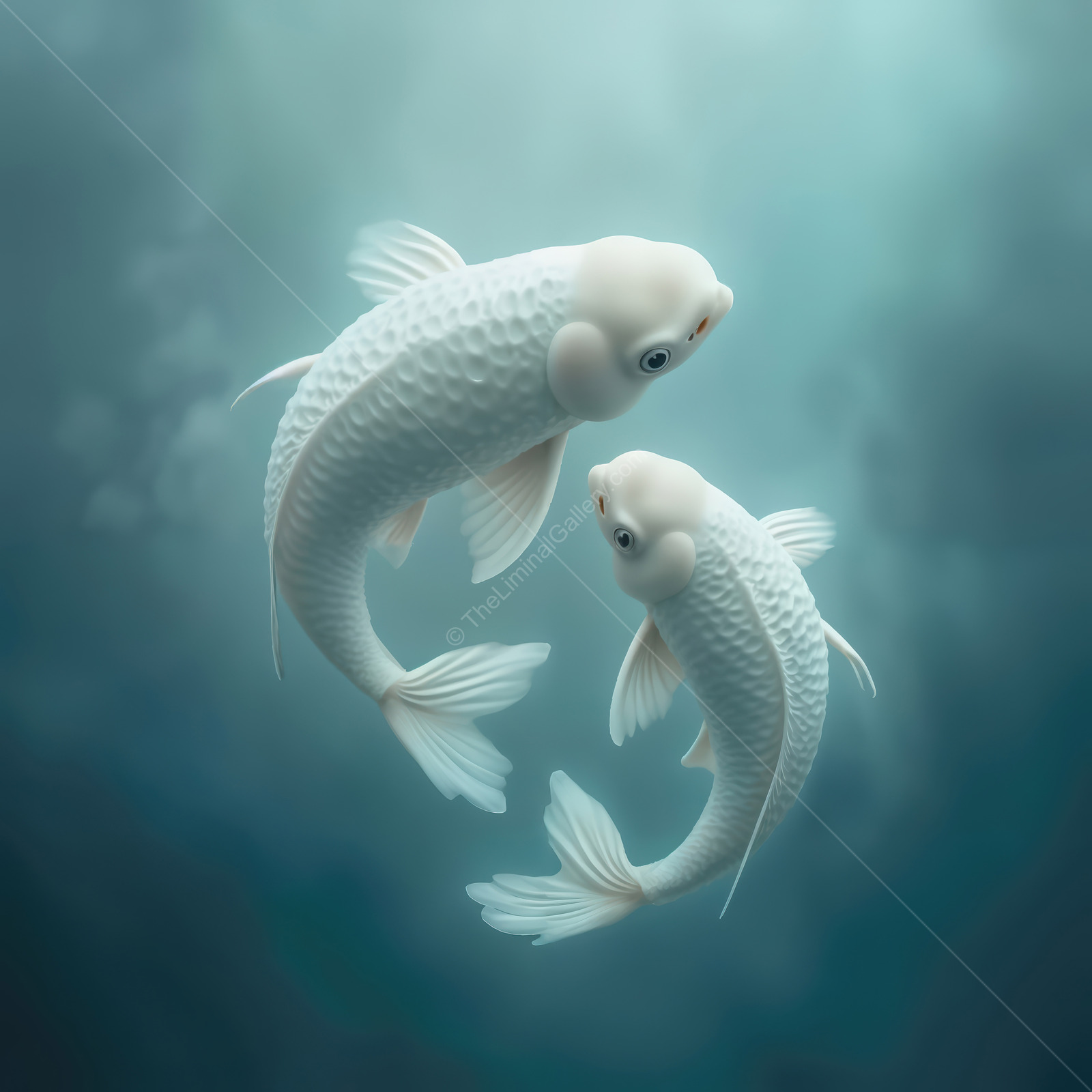 Two ethereal koi fish swimming gracefully in a misty underwater landscape