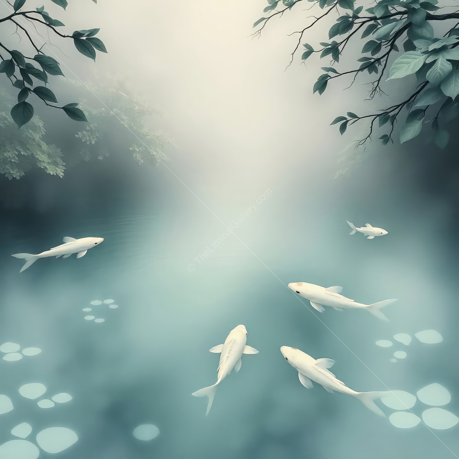 Whispers of tranquil waters reveal graceful koi in a dreamlike liminal space