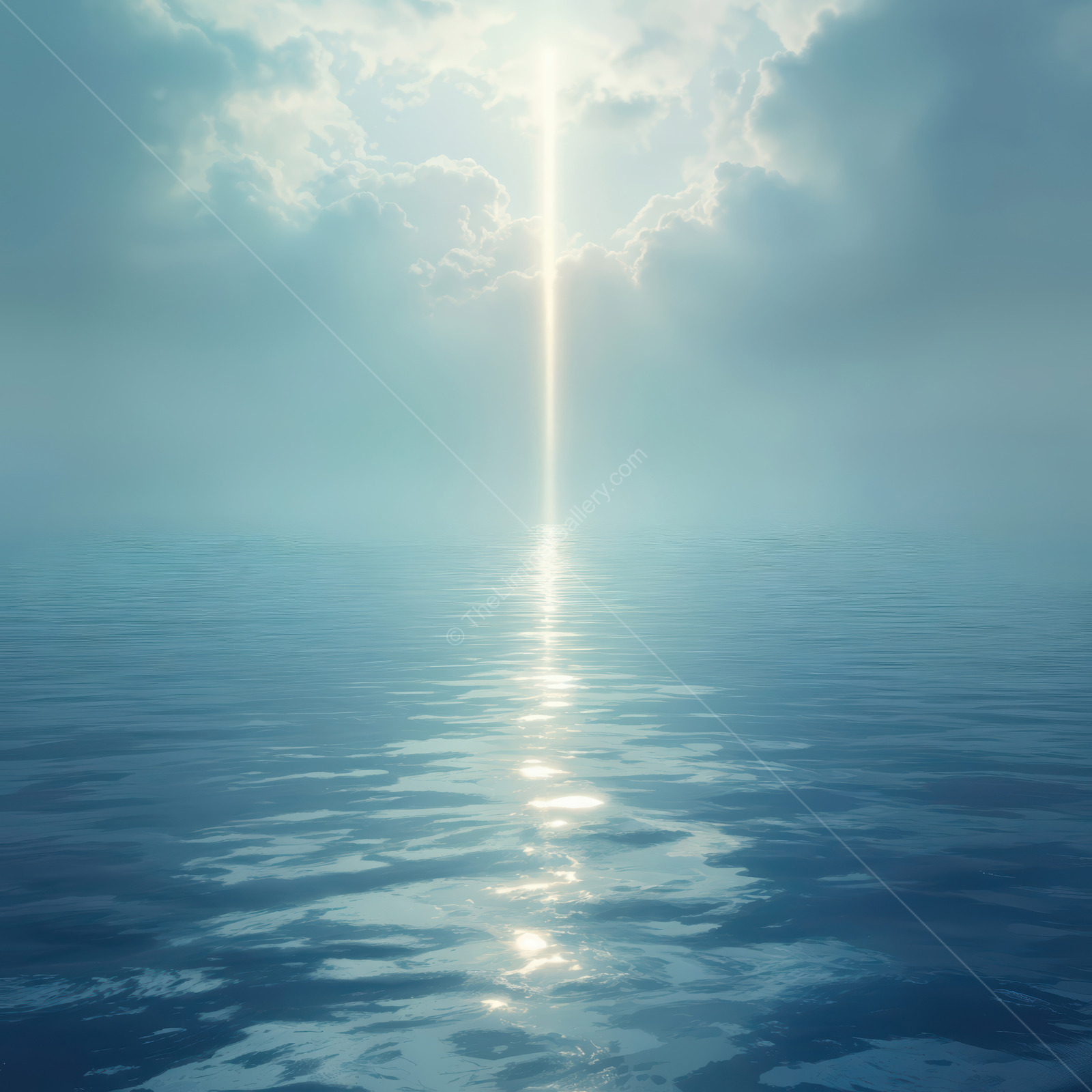Mysterious light pierces tranquil waters in an otherworldly blue landscape