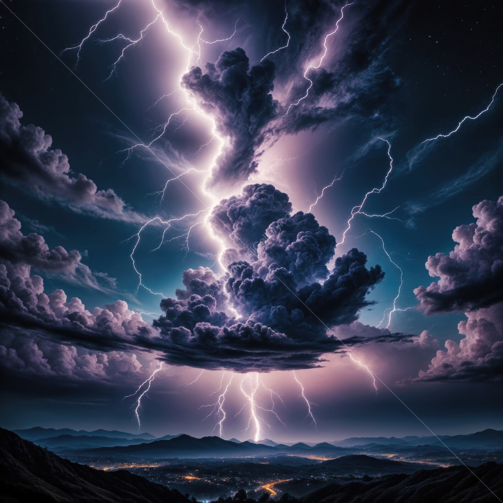 Intense lightning storm illuminates a night sky over a quiet valley