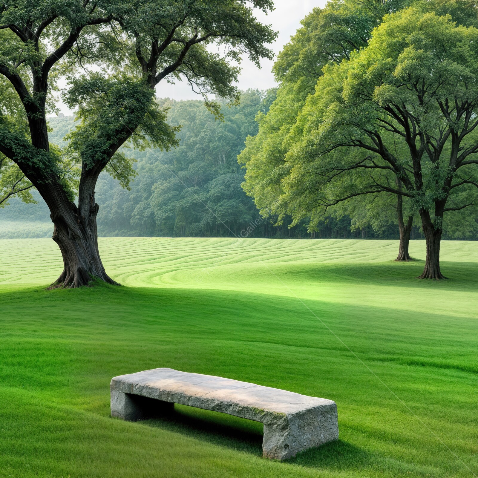 Liminal park sanctuary invites moments of reflection under verdant trees