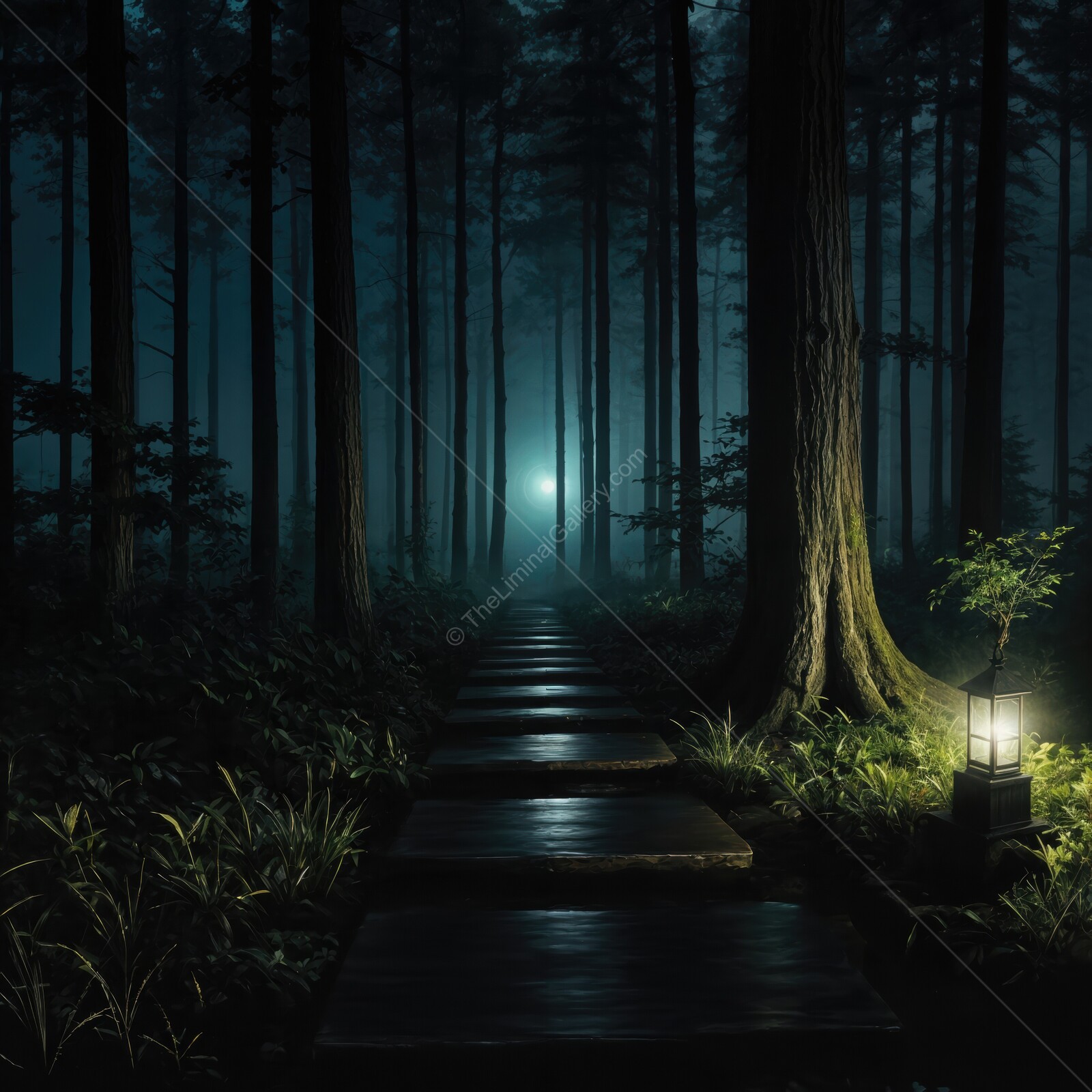 Liminal pathway illuminated by lanterns leads through a mysterious forest at night surrounded by towering trees