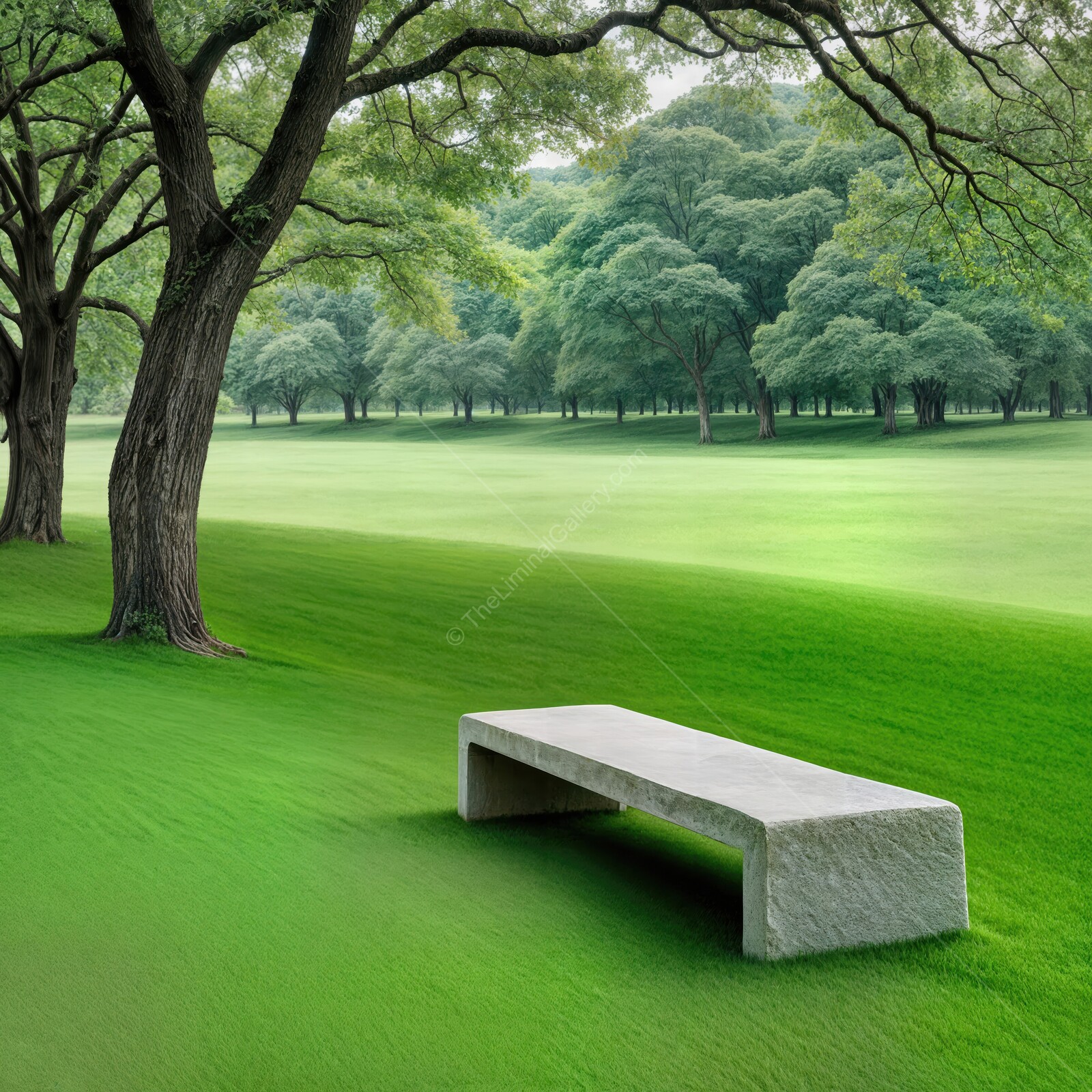 Liminal serenity found in a lush green park with a solitary bench under sprawling trees