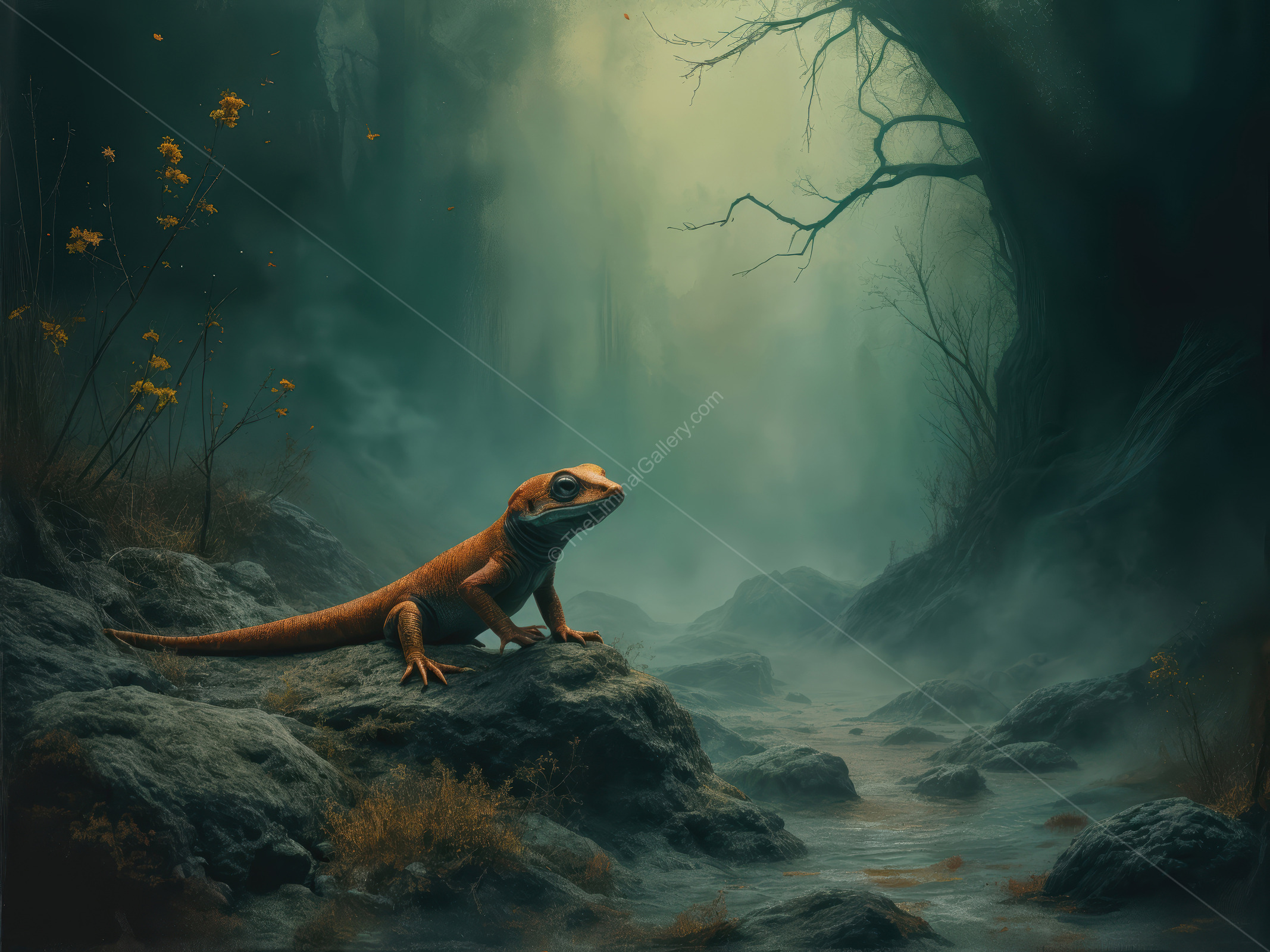 Exploring a mystical realm with a vibrant lizard by a tranquil stream in a foggy forest