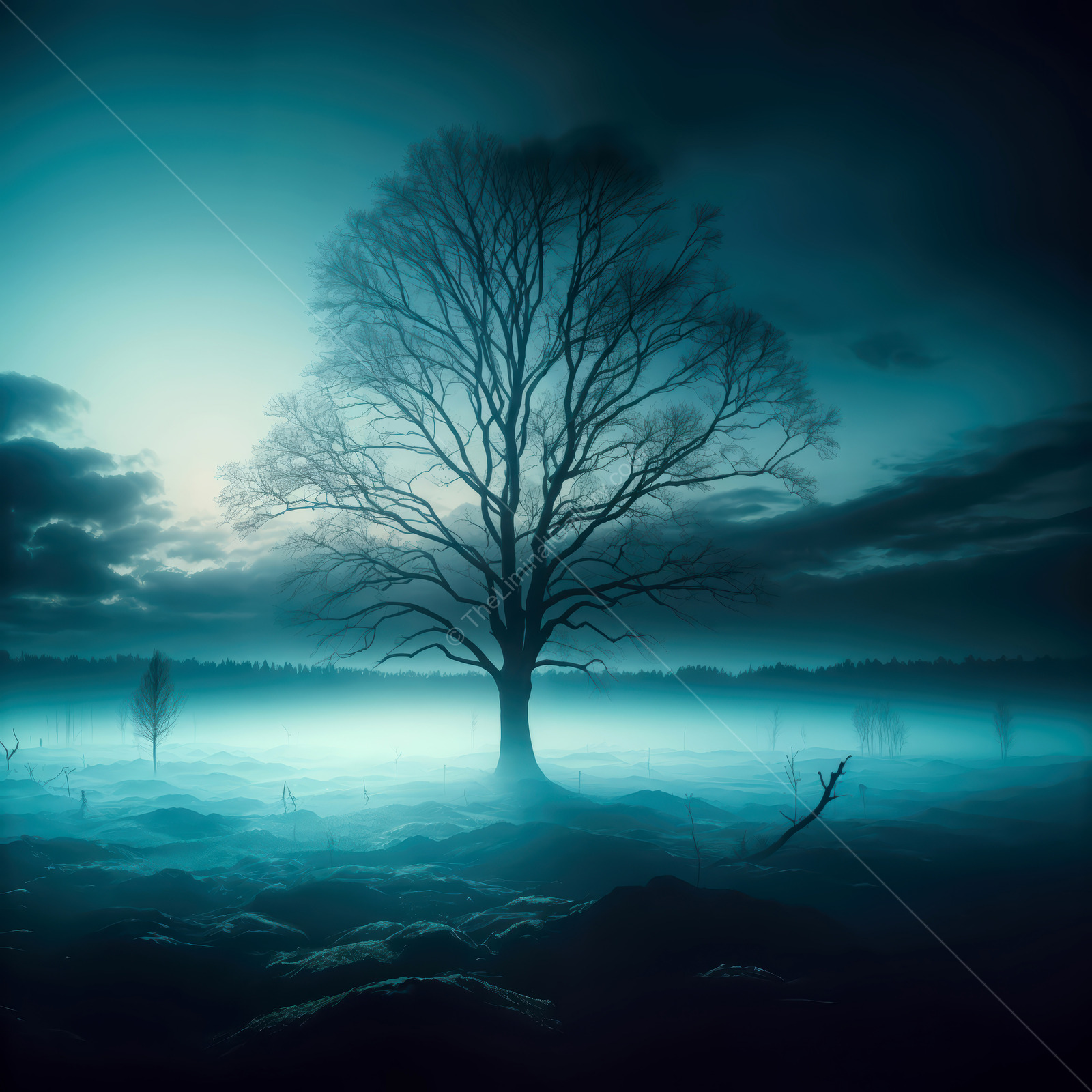 Mysterious twilight envelops an ancient tree standing alone in a misty, liminal landscape