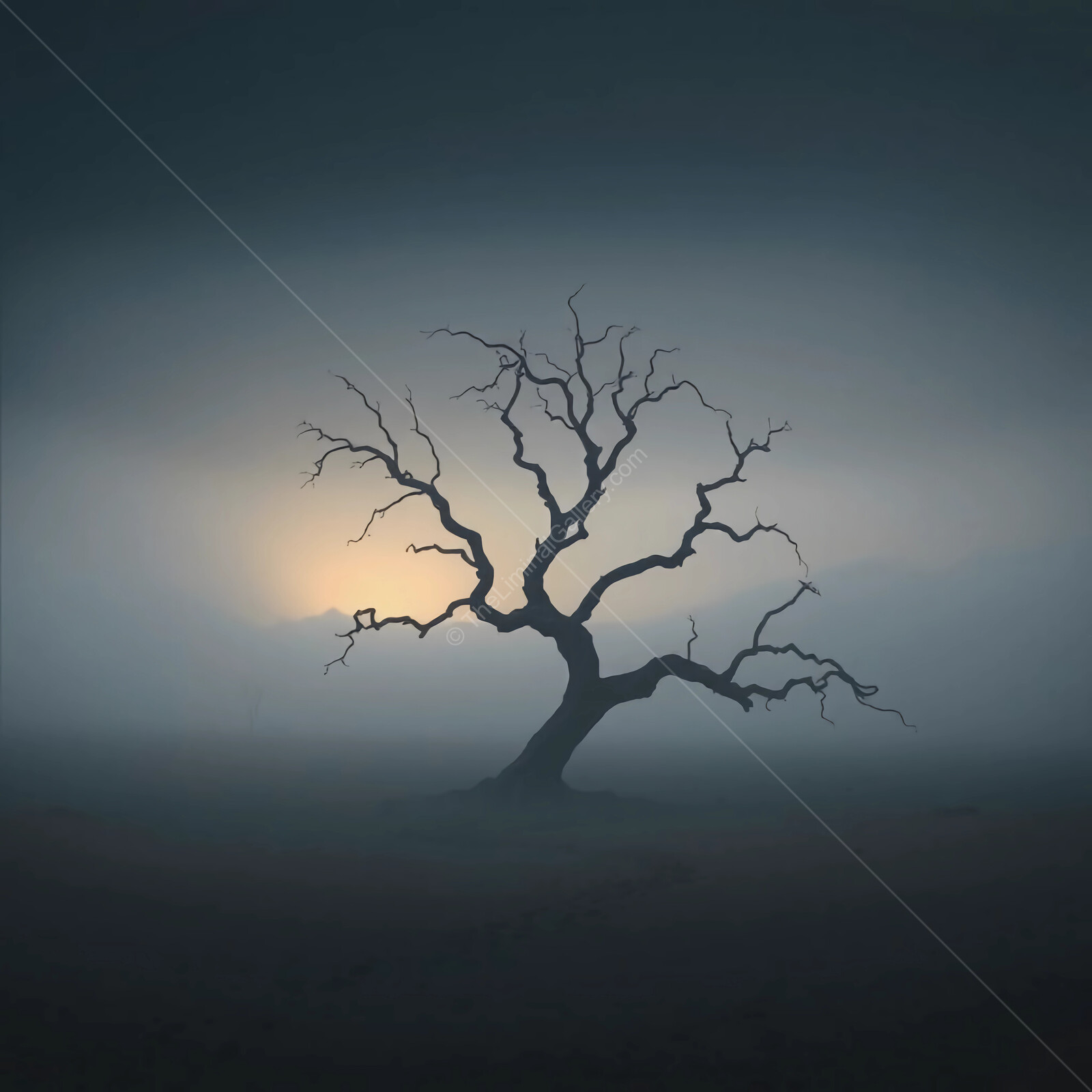 Lonely tree stands resilient in an eerie fog at dusk, nature's silent whisper echoing through the landscape