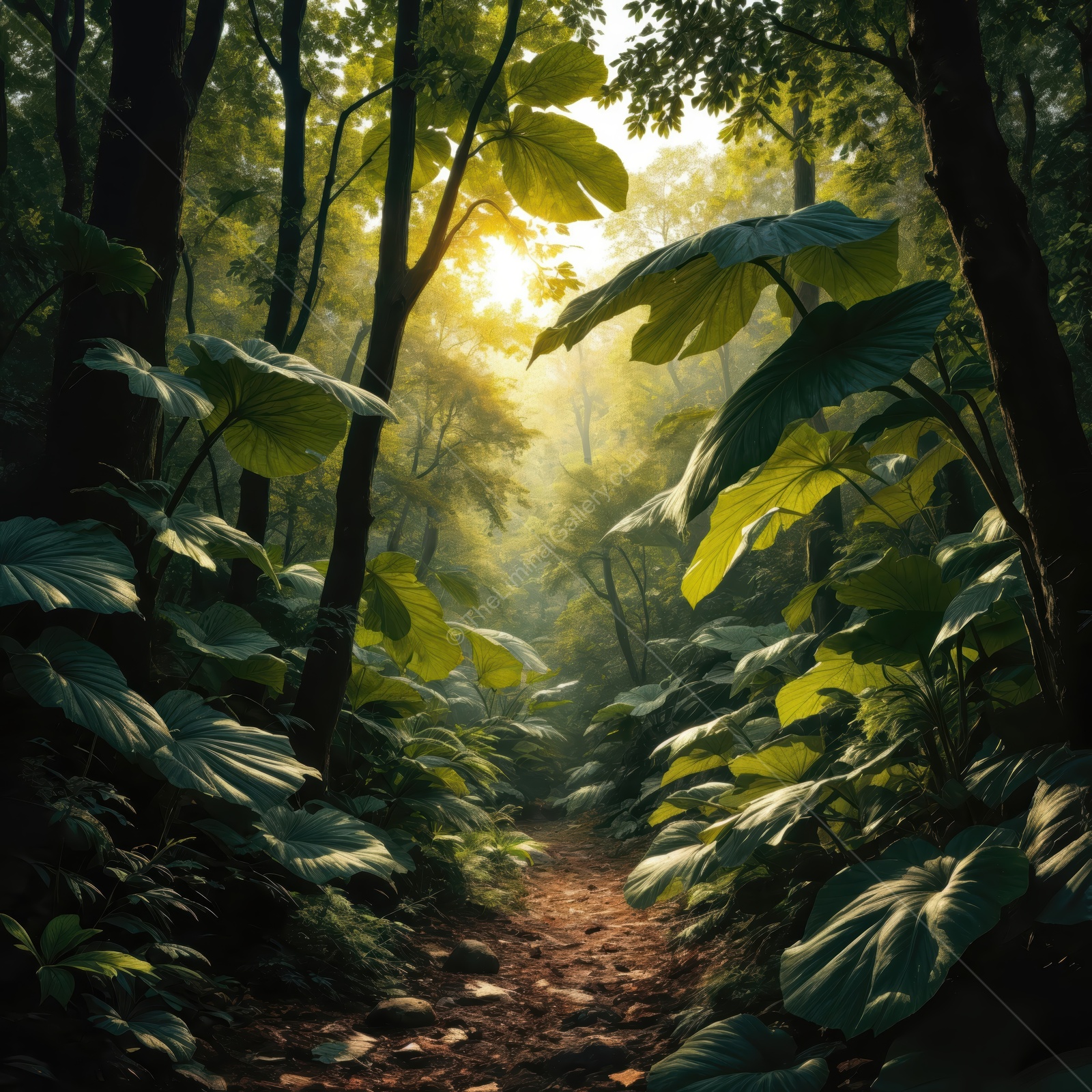 Lush green path through a tranquil forest, illuminated by soft sunlight in the early morning