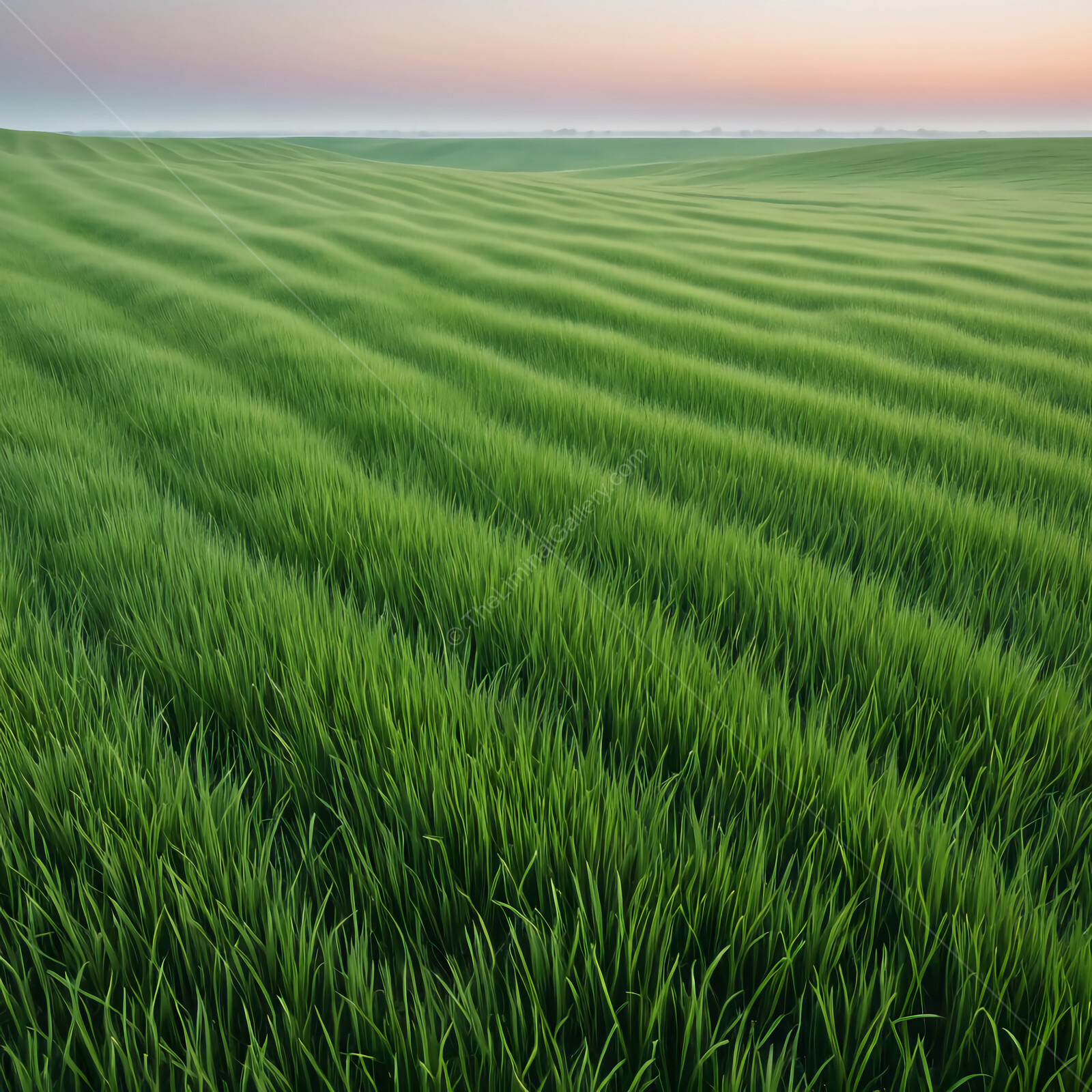 Lush liminal green fields stretch endlessly under a pastel dawn sky, capturing nature's tranquility in early morning light