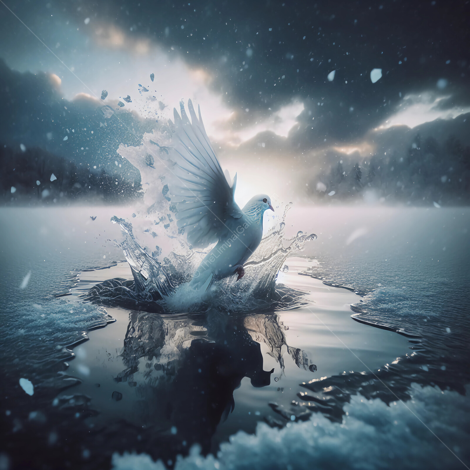 Majestic bird gracefully alights on shimmering liminal ice, creating ripples at dawn