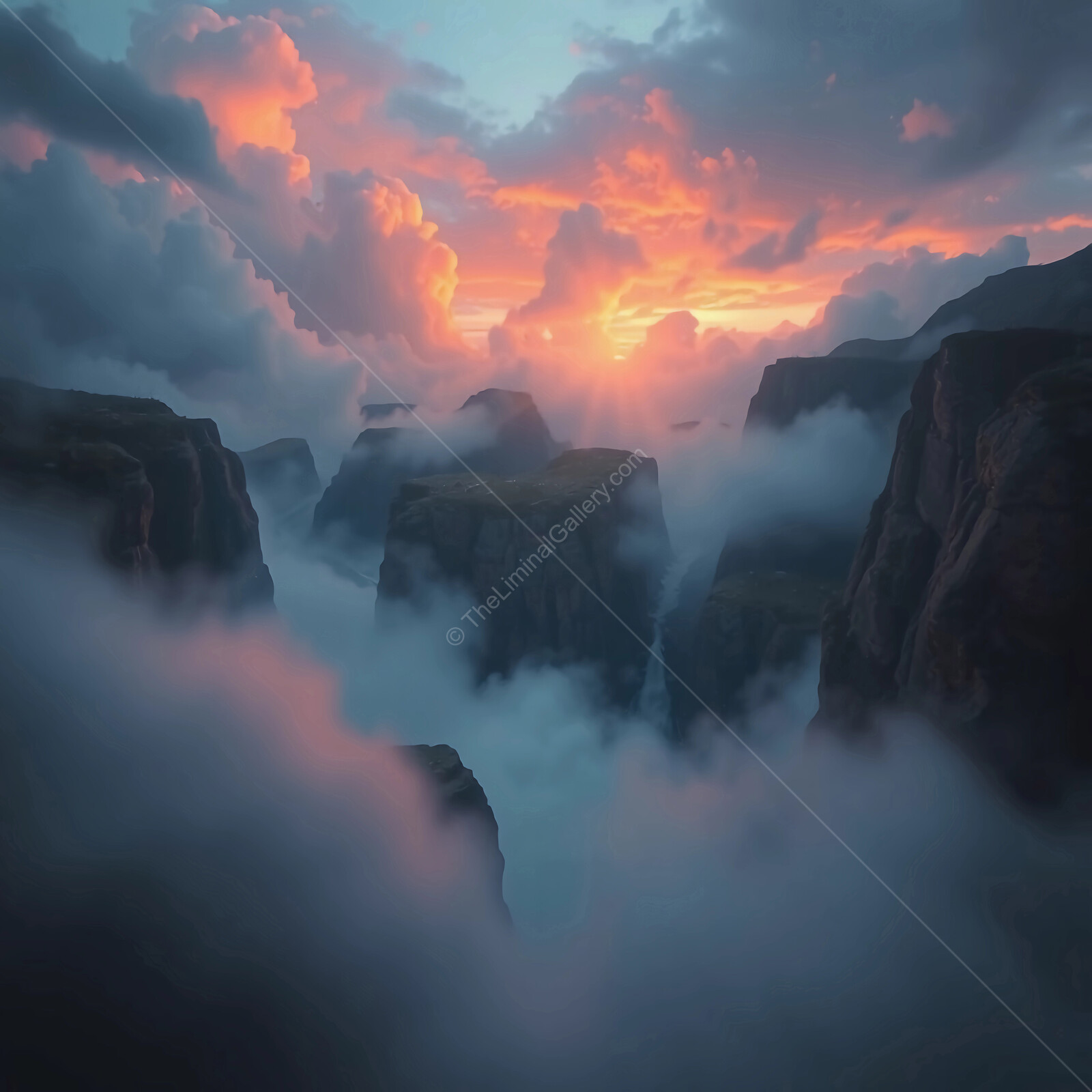 Majestic cliffs loom over a misty valley at sunset, painting the sky in vibrant hues of orange and pink