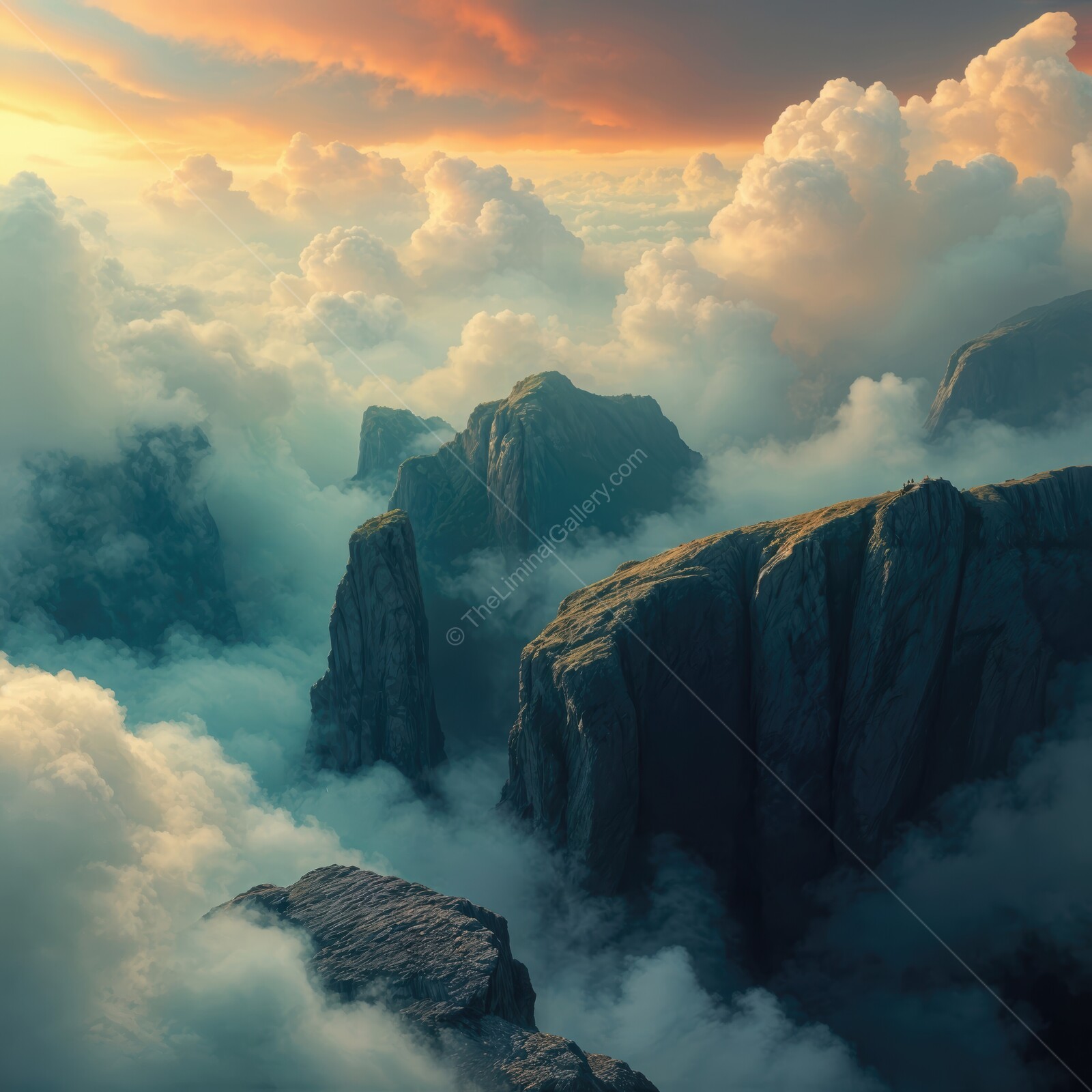 Majestic cliffs rise above the clouds at sunset, creating a breathtaking panorama of nature's beauty