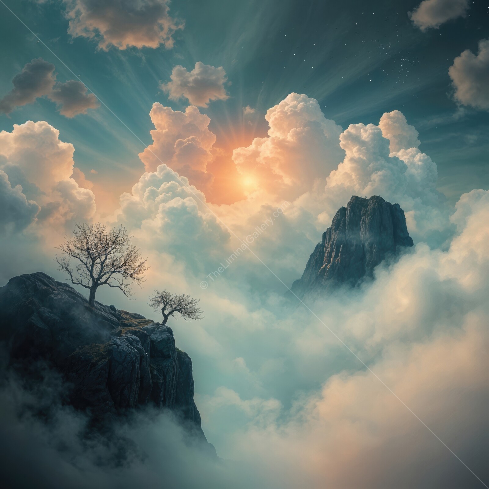Majestic clouds hover over serene mountaintops at dawn in a tranquil landscape