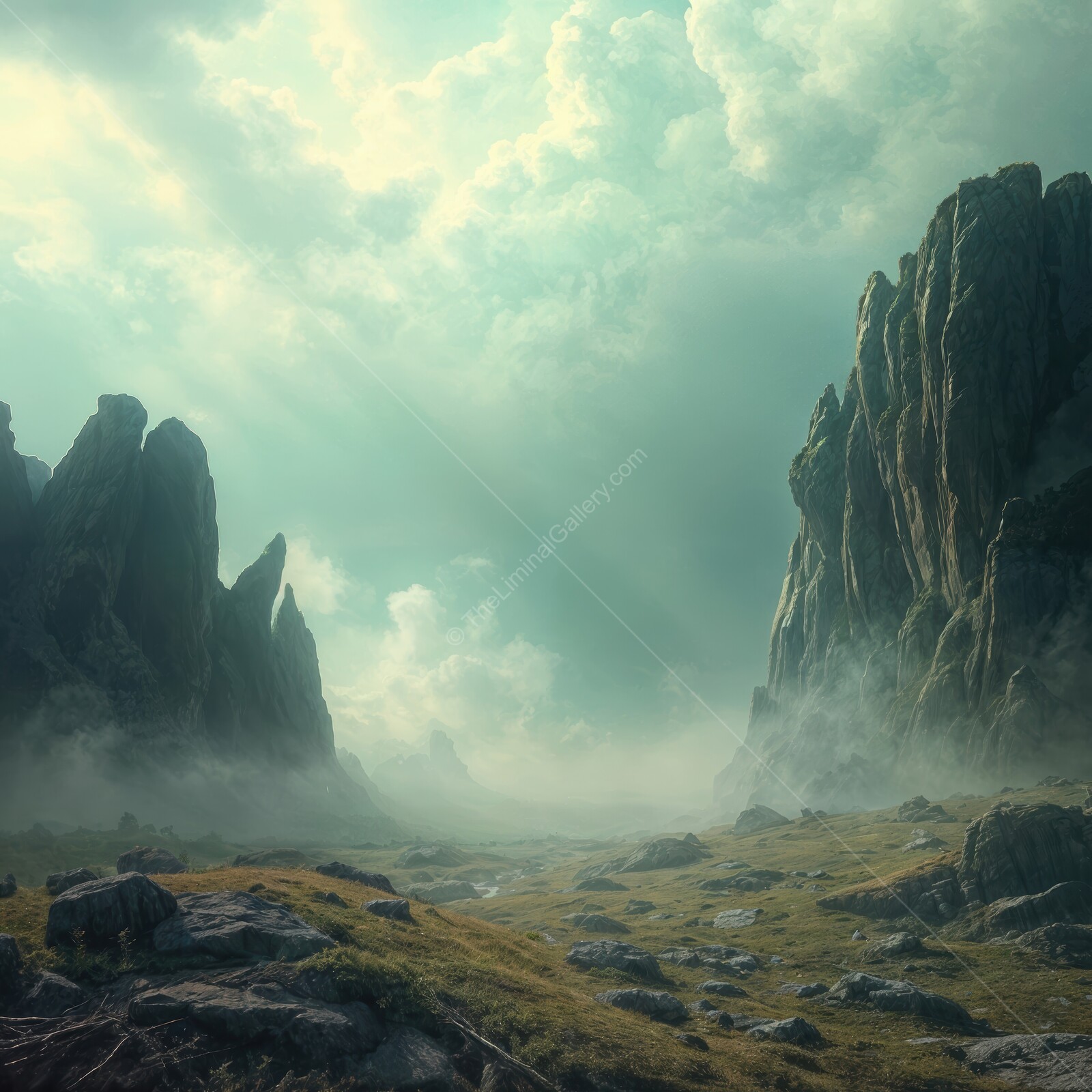 Majestic rocky landscape shrouded in mist under a dramatic sky at dawn