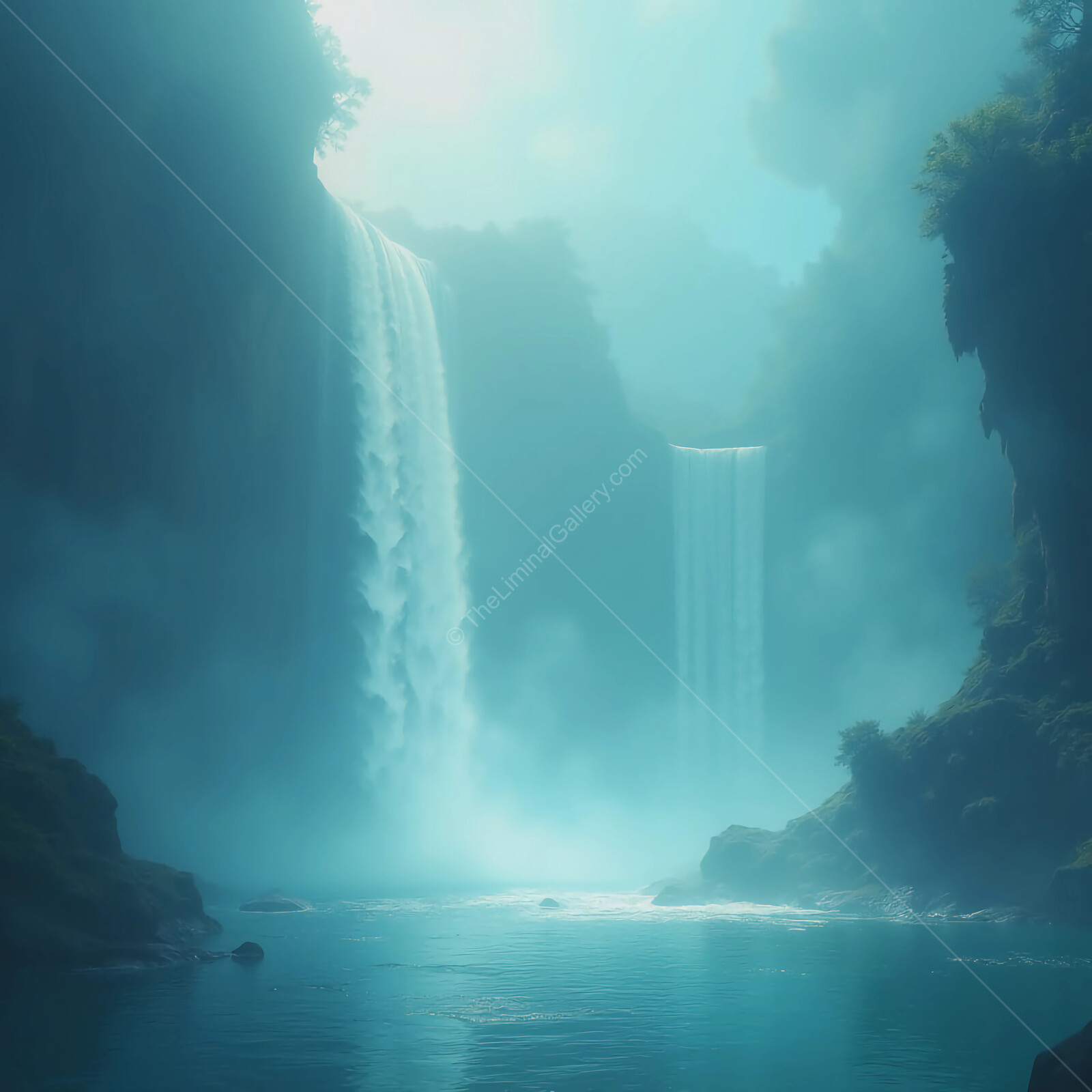 Majestic waterfalls cascade into a misty river under the soft glow of dawn