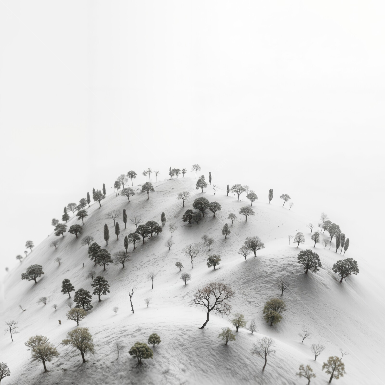 In a serene winter wonderland, miniature trees blanket a white, rolling landscape under a vast, cloudy sky