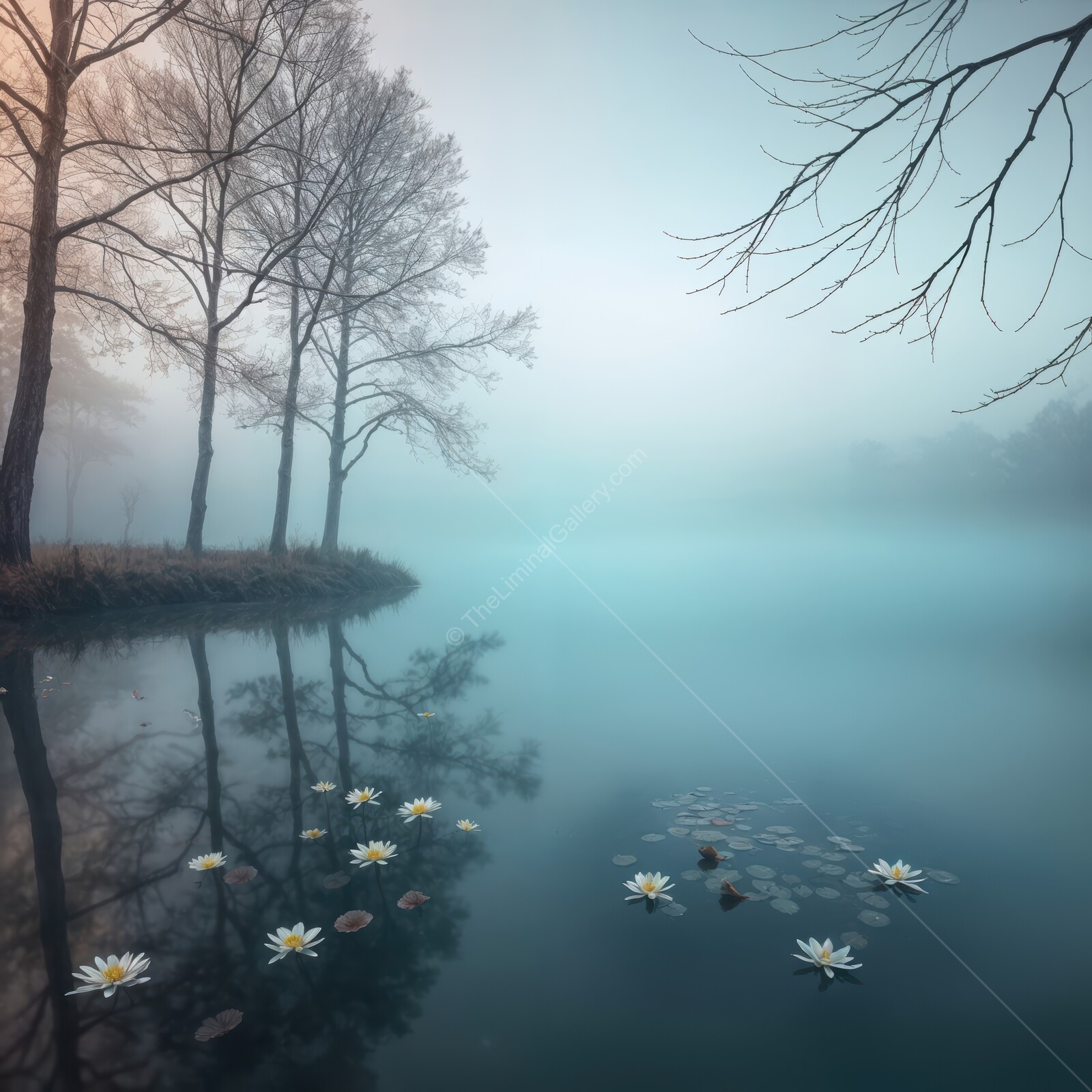 Mist envelops serene liminal lake adorned with blooming water lilies at dawn