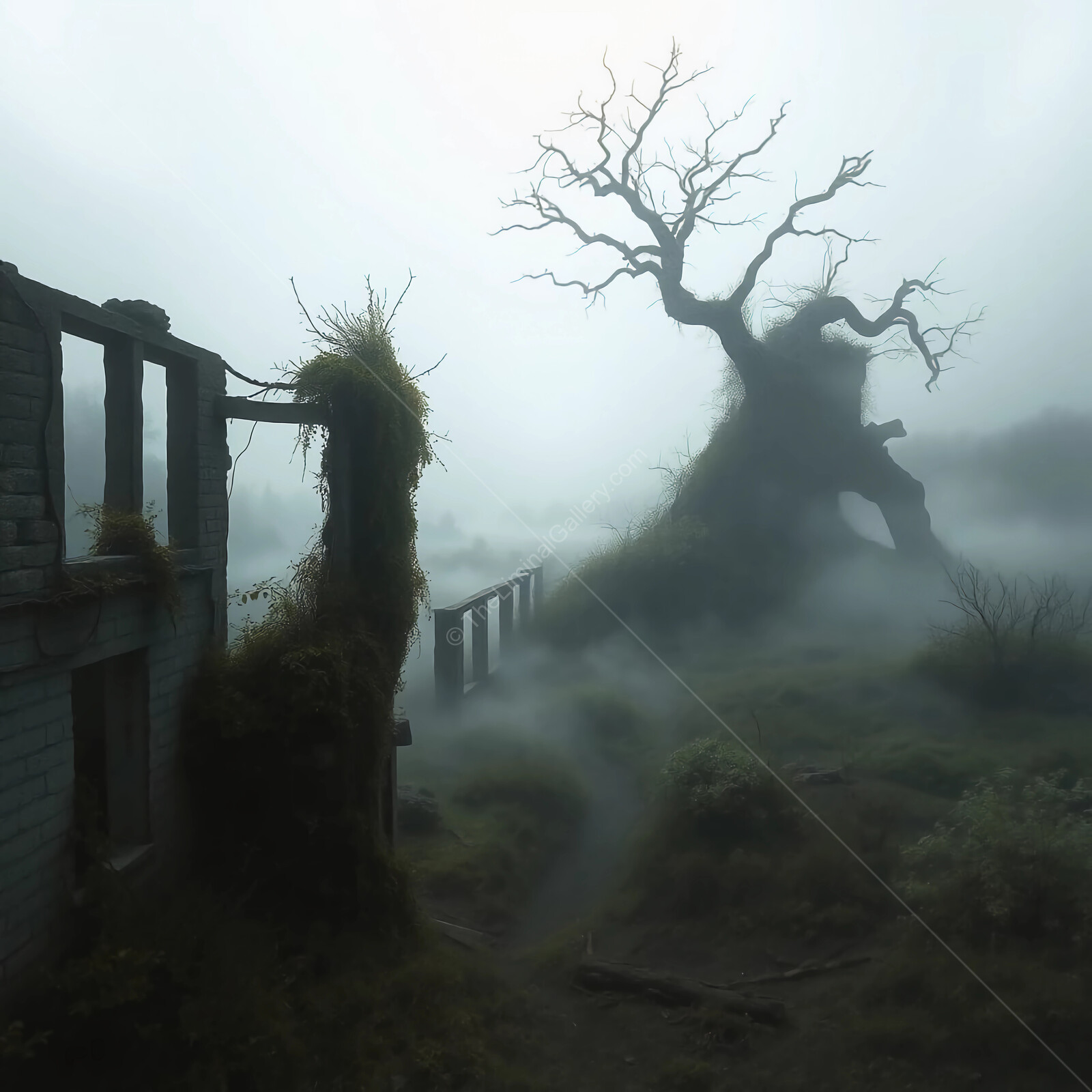 Whispers of the forgotten: mist shrouded ruins and a gnarled tree at dawn