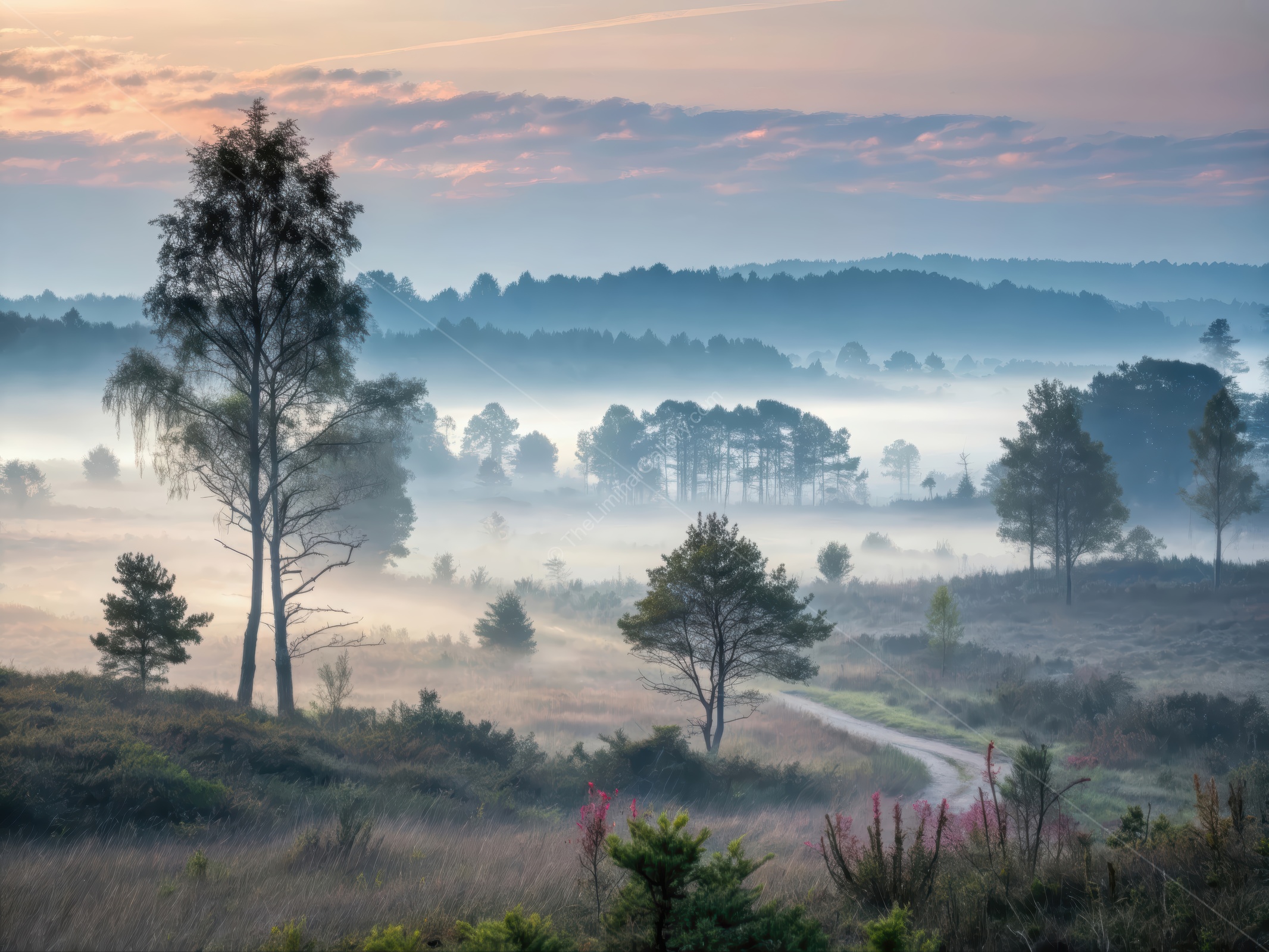 Morning mist blankets the serene landscape, revealing a quiet path through the trees and hills