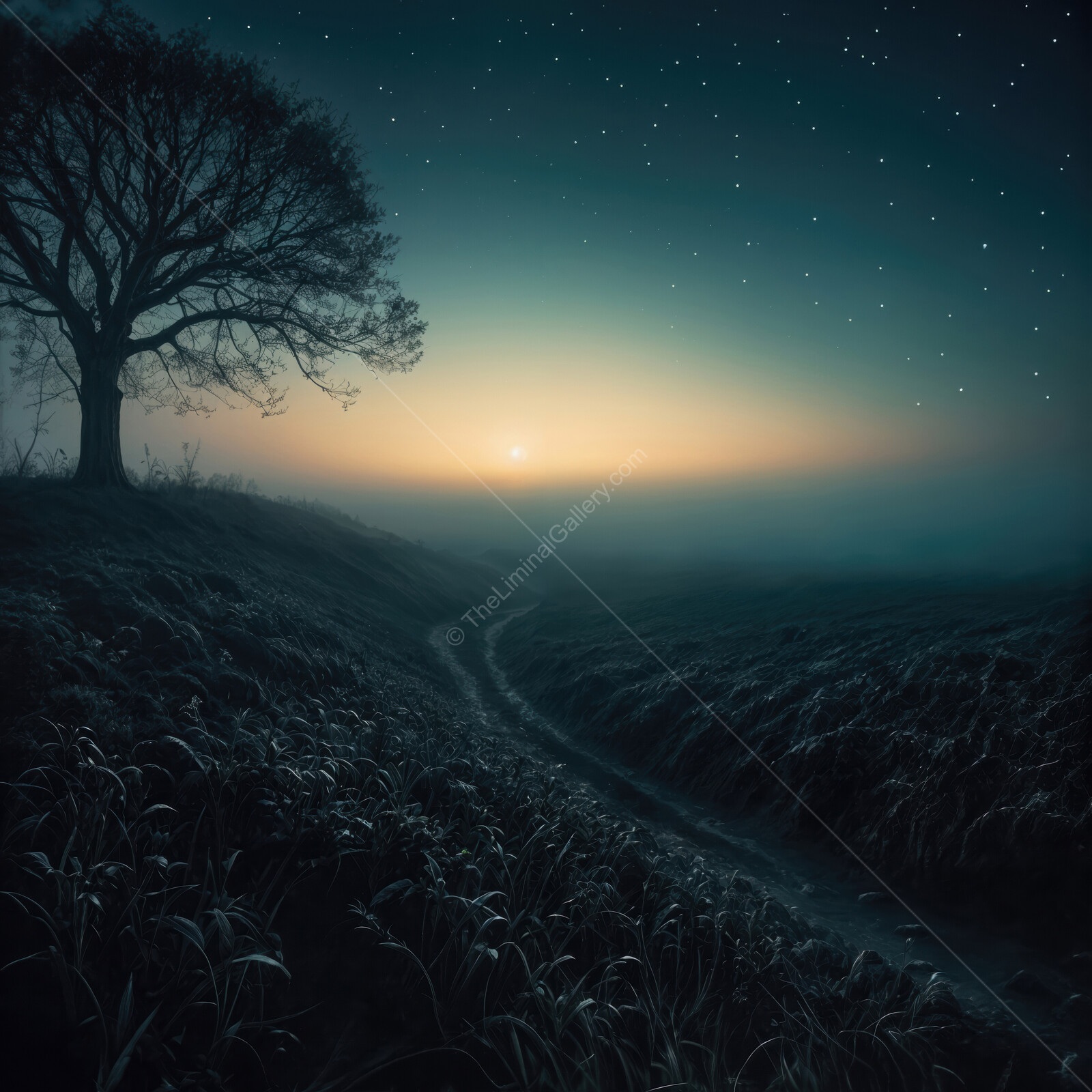 Misty pathway under a starry sky leading to a serene horizon at dawn