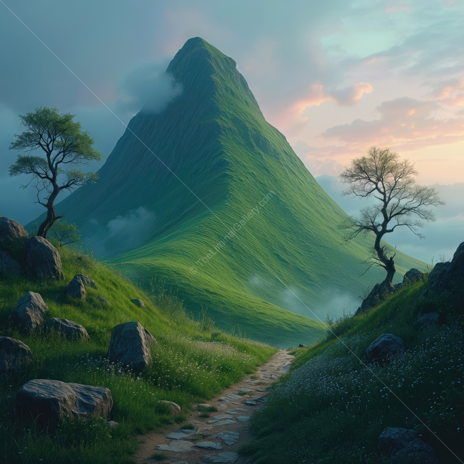 Discovering the enchanting journey through surreal landscapes of misty peaks and winding paths