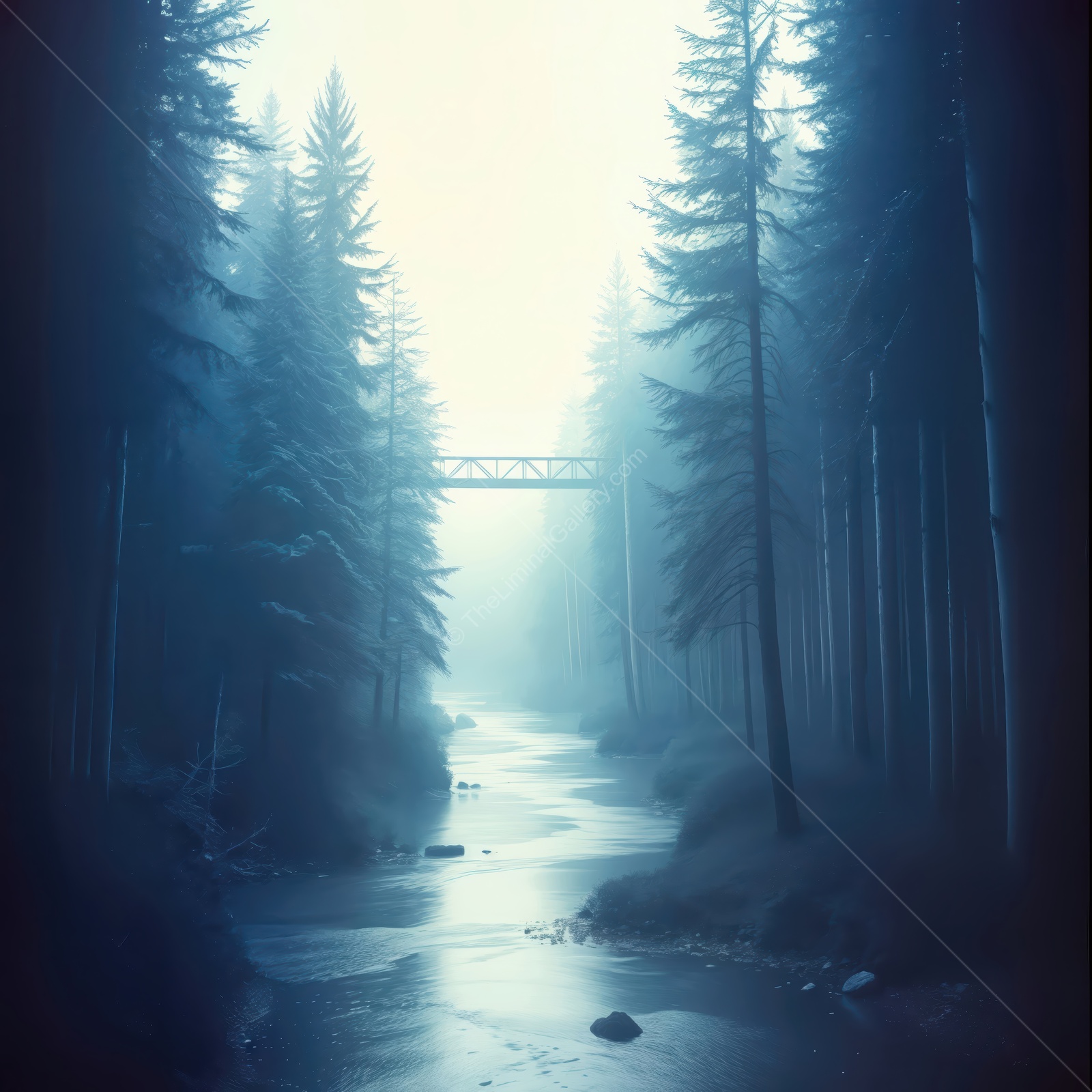 Misty river flows serenely through the ancient evergreen forest at dawn