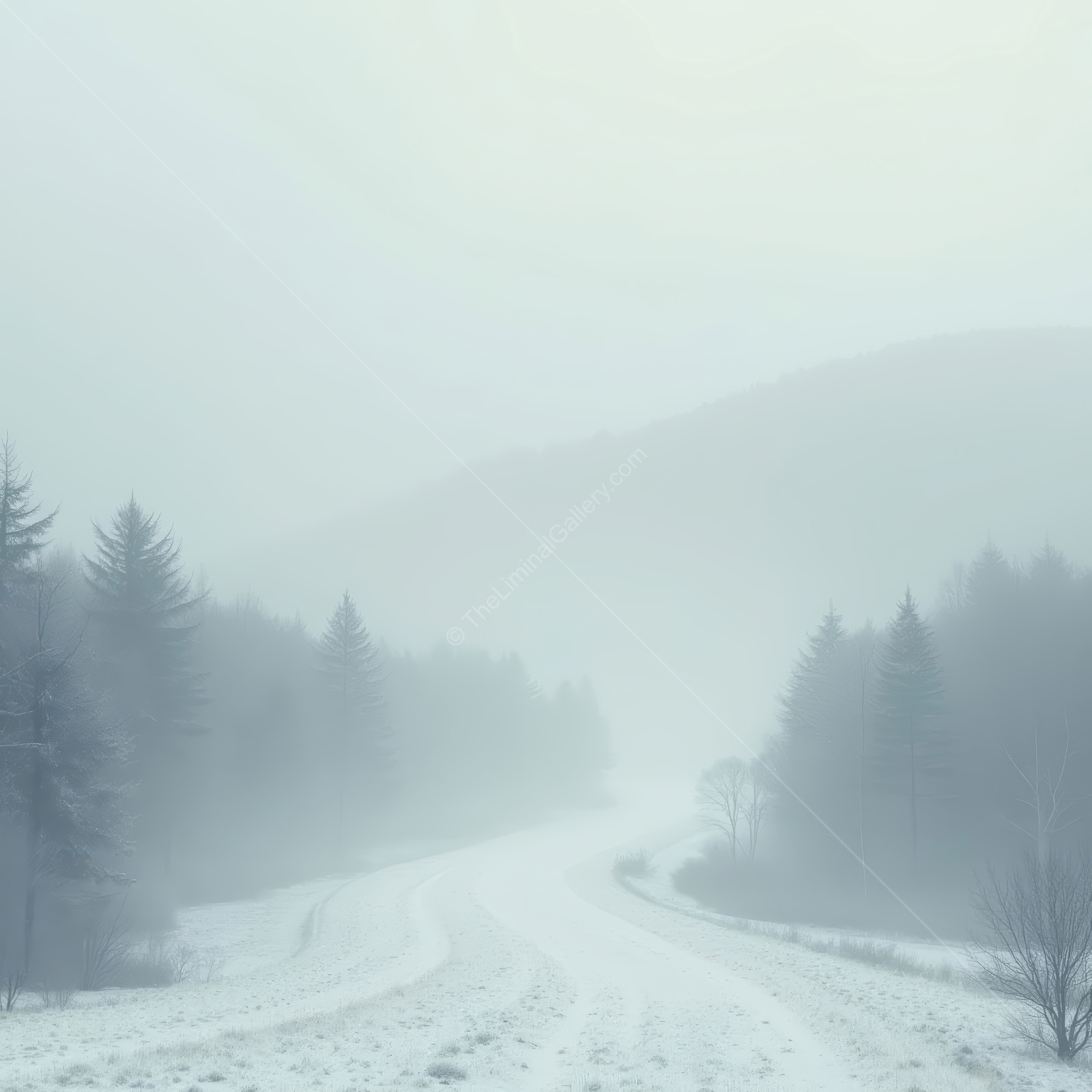 Misty winter road winding through a silent forest landscape at dawn
