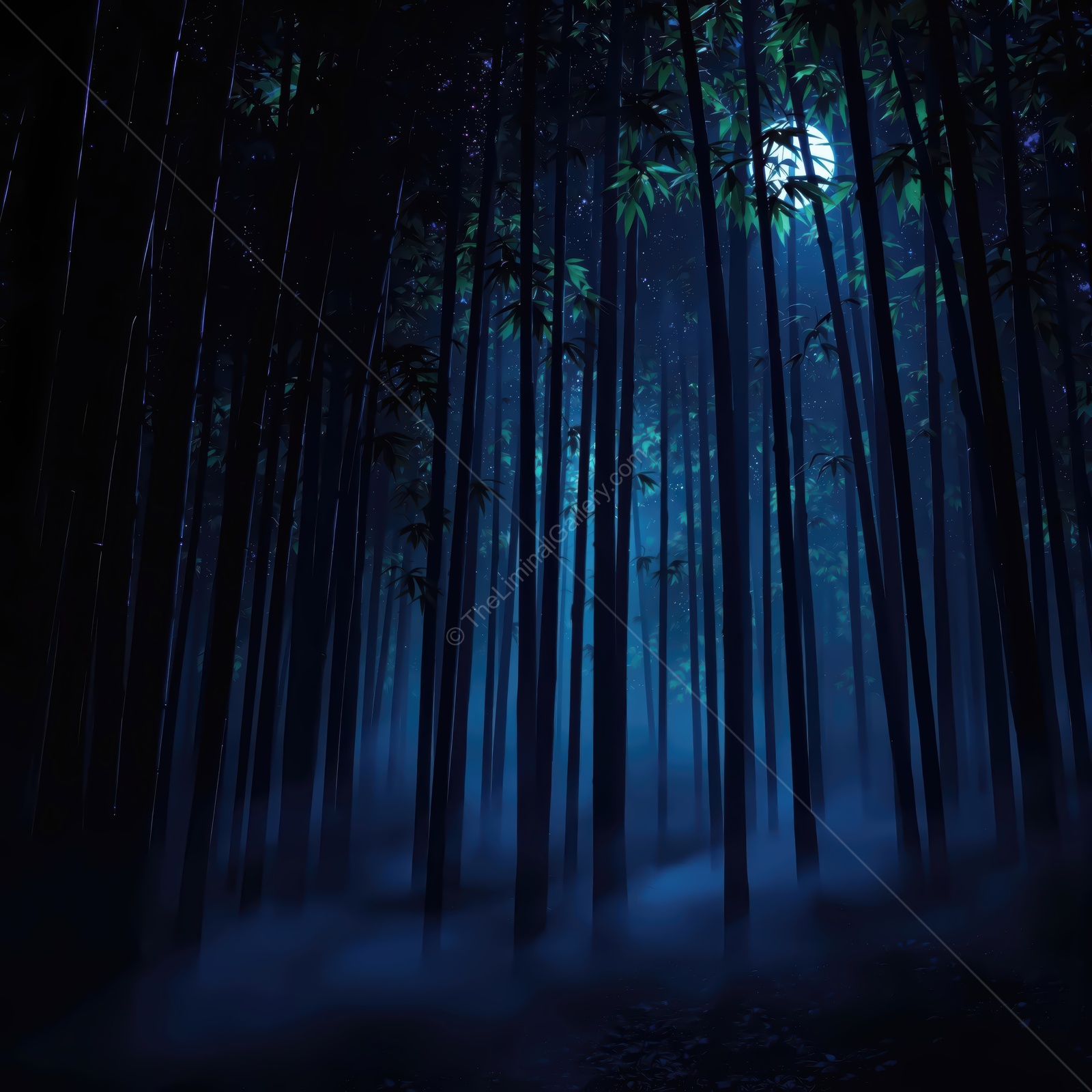 Moonlit bamboo forest shrouded in mist invites quiet reflection and wonder at twilight